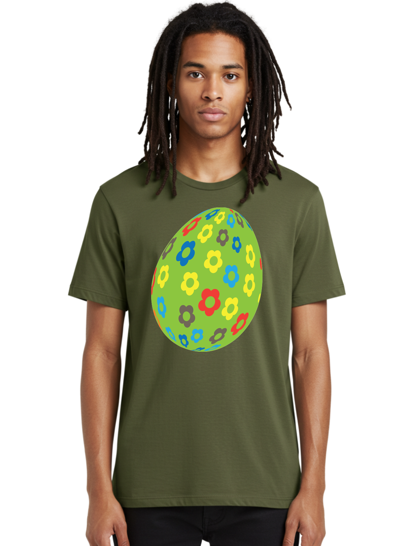 Floral-Egg Men'S Graphic Tee, 100% Cotton, Comfortable Casual Summer Wear, Machine Washable, Decorated Egg, Floral Pattern, Colorful Flowers, Easter Egg Decoration, Spring Theme, Festive Design, Cartoon Style, Red, Blue, Yellow, Purple Flowers Aac732
