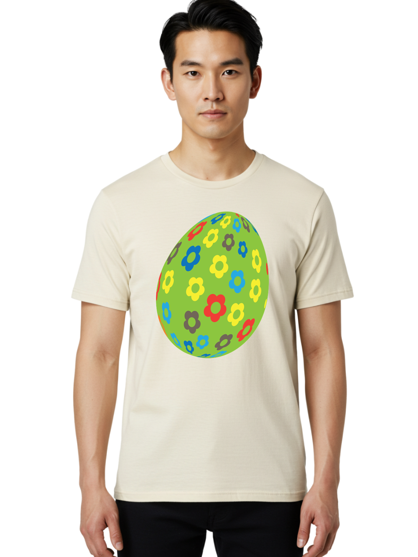 Floral-Egg Men'S Graphic Tee, 100% Cotton, Comfortable Casual Summer Wear, Machine Washable, Decorated Egg, Floral Pattern, Colorful Flowers, Easter Egg Decoration, Spring Theme, Festive Design, Cartoon Style, Red, Blue, Yellow, Purple Flowers Aac732