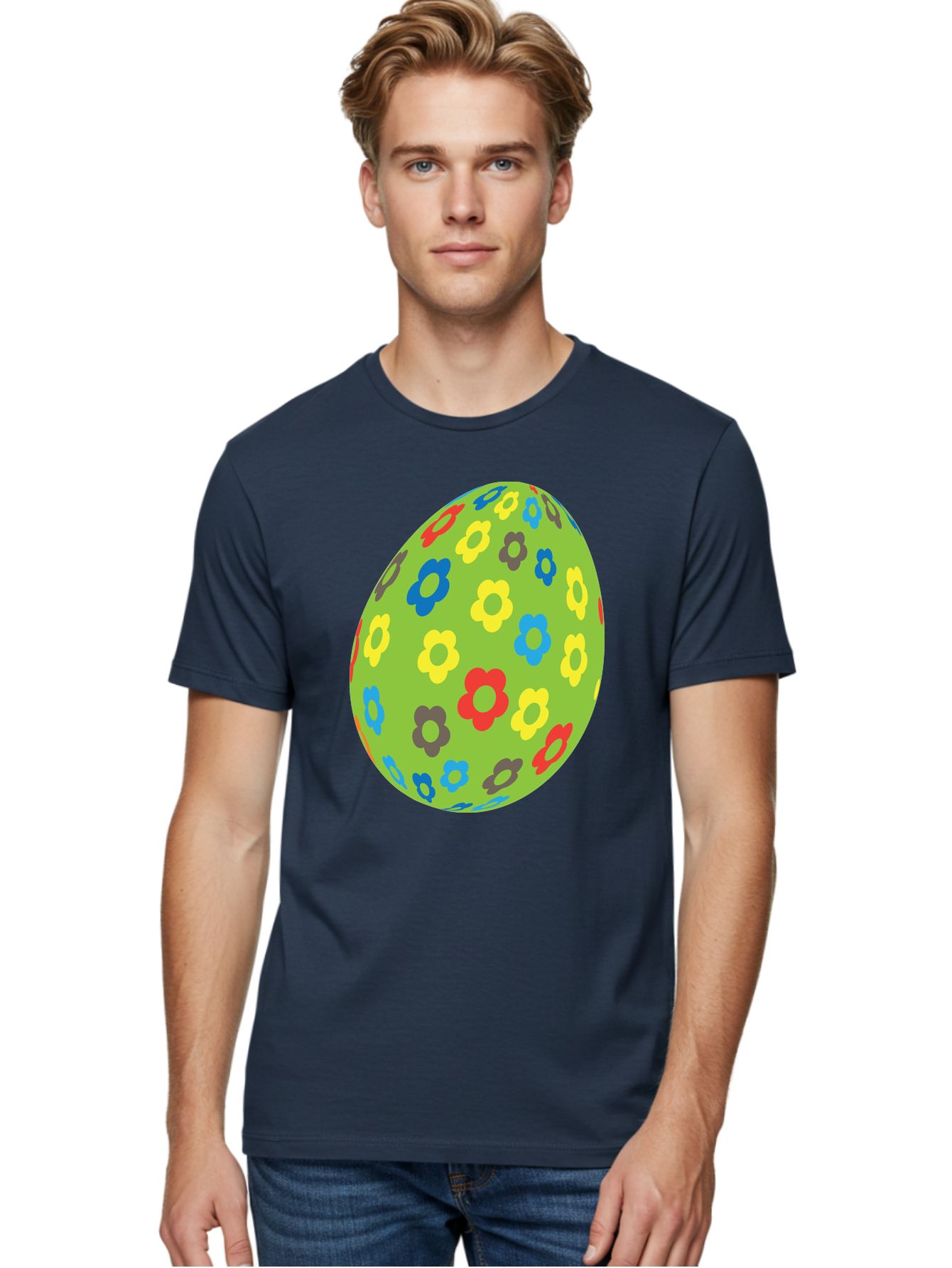 Floral-Egg Men'S Graphic Tee, 100% Cotton, Comfortable Casual Summer Wear, Machine Washable, Decorated Egg, Floral Pattern, Colorful Flowers, Easter Egg Decoration, Spring Theme, Festive Design, Cartoon Style, Red, Blue, Yellow, Purple Flowers Aac732