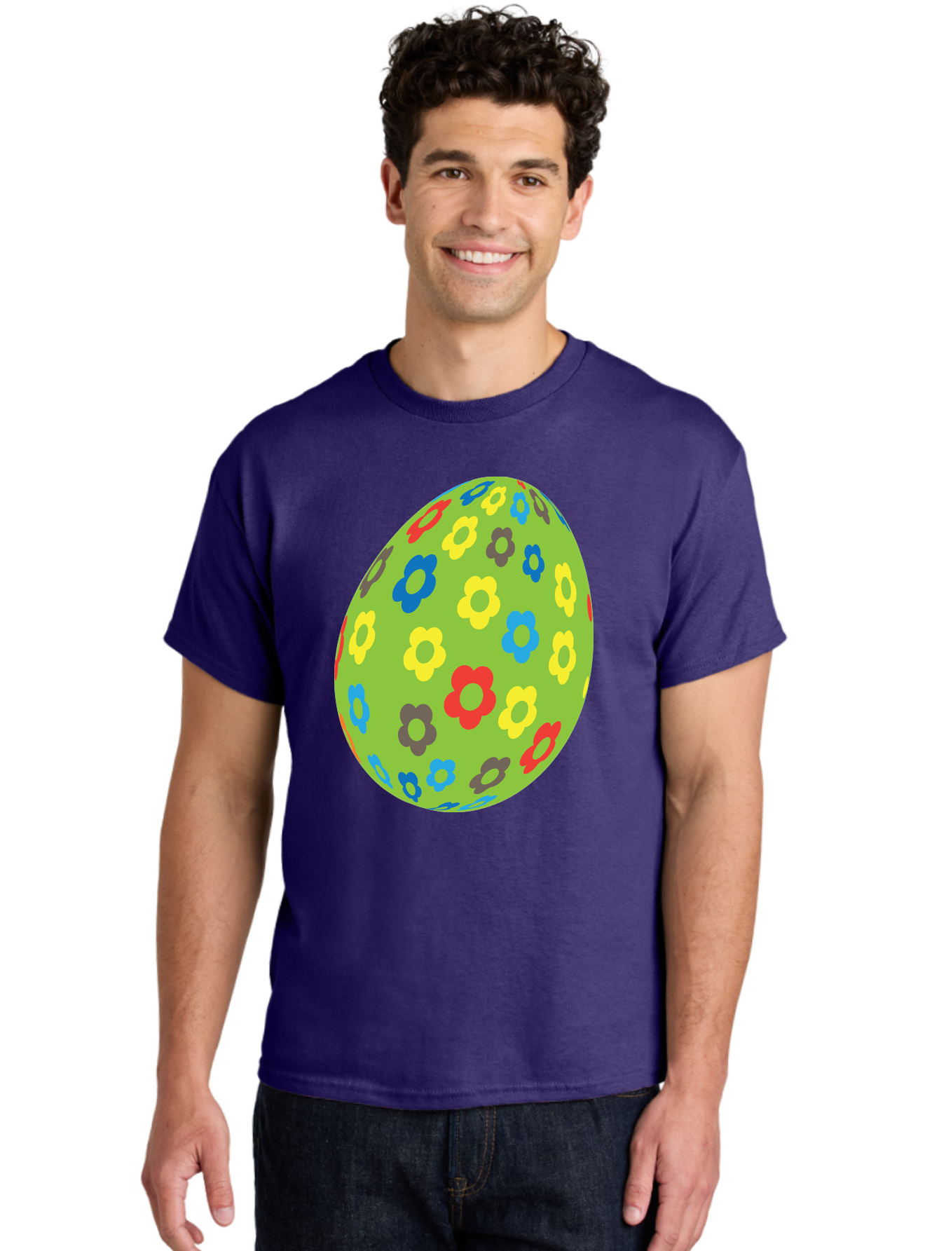 Floral-Egg Men'S Graphic Tee, 100% Cotton, Comfortable Casual Summer Wear, Machine Washable, Decorated Egg, Floral Pattern, Colorful Flowers, Easter Egg Decoration, Spring Theme, Festive Design, Cartoon Style, Red, Blue, Yellow, Purple Flowers Aac732