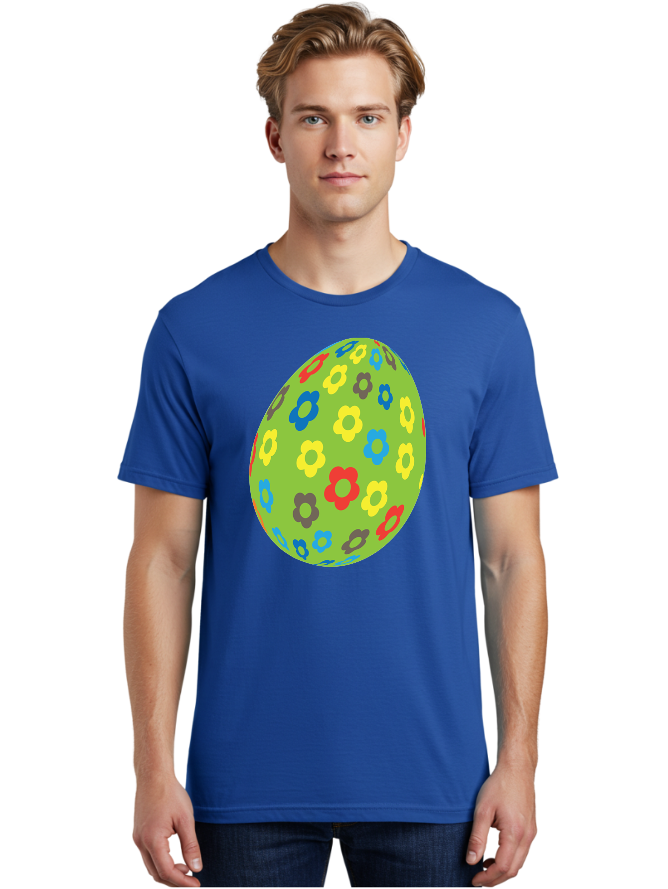 Floral-Egg Men'S Graphic Tee, 100% Cotton, Comfortable Casual Summer Wear, Machine Washable, Decorated Egg, Floral Pattern, Colorful Flowers, Easter Egg Decoration, Spring Theme, Festive Design, Cartoon Style, Red, Blue, Yellow, Purple Flowers Aac732
