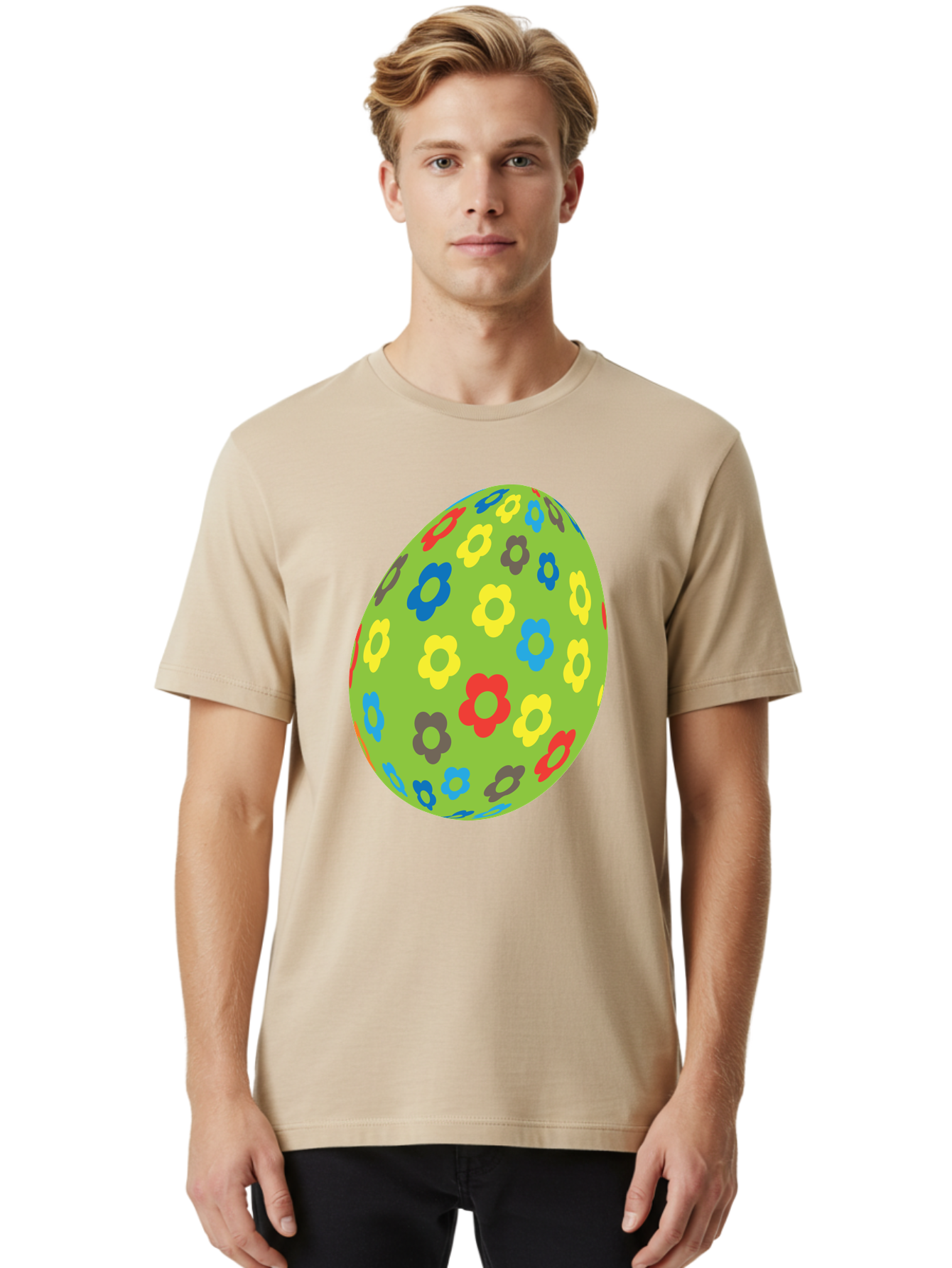 Floral-Egg Men'S Graphic Tee, 100% Cotton, Comfortable Casual Summer Wear, Machine Washable, Decorated Egg, Floral Pattern, Colorful Flowers, Easter Egg Decoration, Spring Theme, Festive Design, Cartoon Style, Red, Blue, Yellow, Purple Flowers Aac732