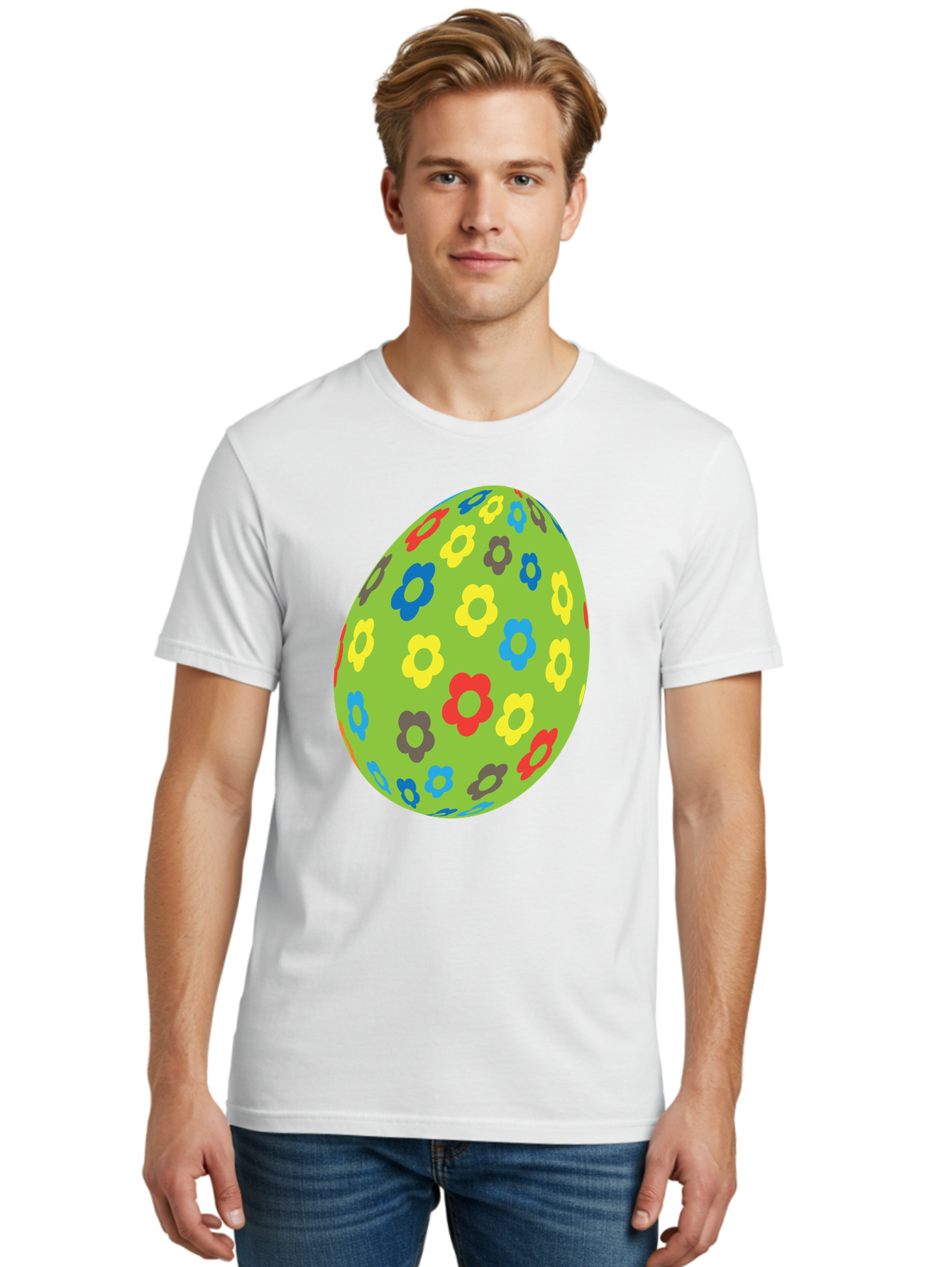 Floral-Egg Men'S Graphic Tee, 100% Cotton, Comfortable Casual Summer Wear, Machine Washable, Decorated Egg, Floral Pattern, Colorful Flowers, Easter Egg Decoration, Spring Theme, Festive Design, Cartoon Style, Red, Blue, Yellow, Purple Flowers Aac732
