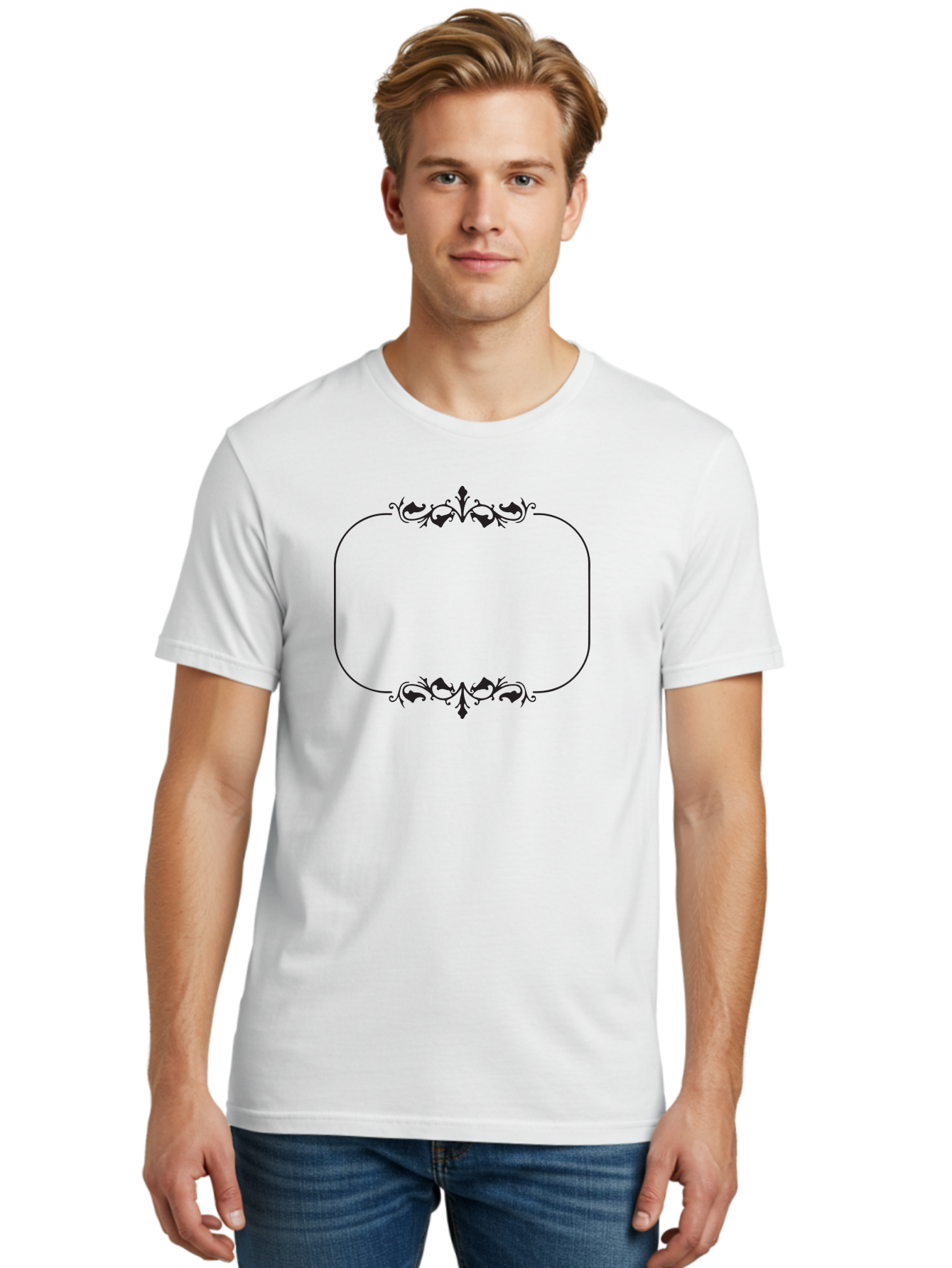 Floral-Frame Men'S Graphic Tee, 100% Cotton, Comfortable Casual Summer Wear, Machine Washable, Floral Design, Vintage Frame, Ornate Patterns, Elegant Border, Classic Decor, Decorative Elements, Stylish Graphics, Ornamental Details Aac733