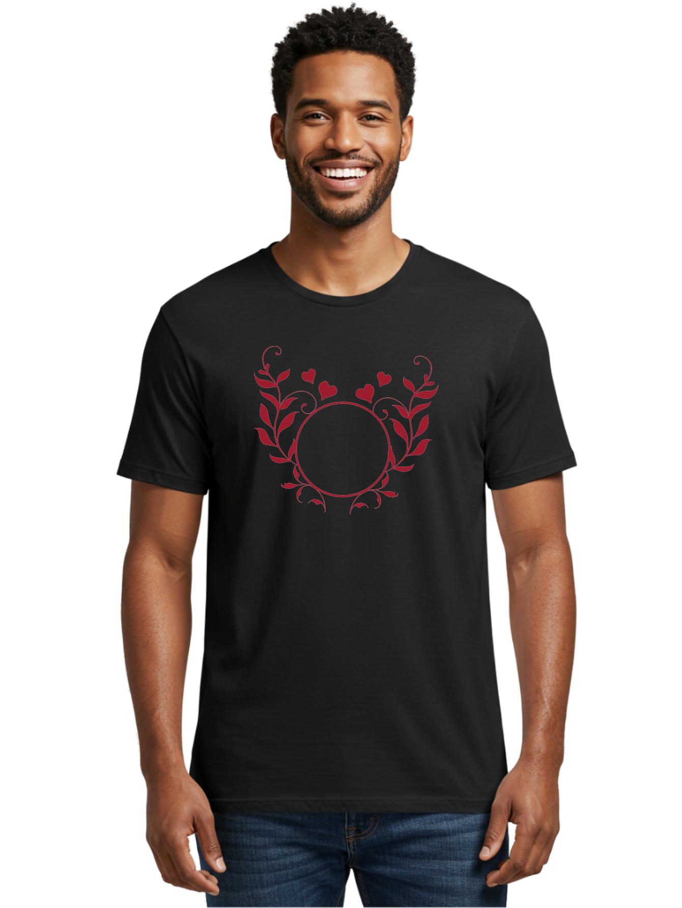Floral-Heart-Design Men'S Graphic Tee, 100% Cotton, Comfortable Casual Summer Wear, Machine Washable, Floral Frame, Heart Decoration, Circular Border, Leafy Design, Red Hearts, Romantic Theme, Elegant Frame, Valentine'S Day Decor Aac734