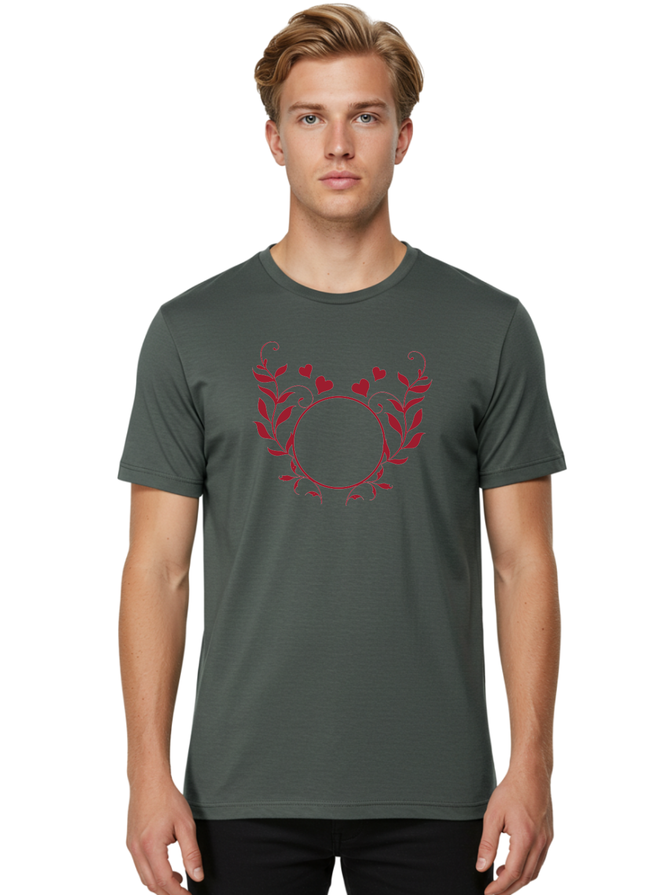 Floral-Heart-Design Men'S Graphic Tee, 100% Cotton, Comfortable Casual Summer Wear, Machine Washable, Floral Frame, Heart Decoration, Circular Border, Leafy Design, Red Hearts, Romantic Theme, Elegant Frame, Valentine'S Day Decor Aac734