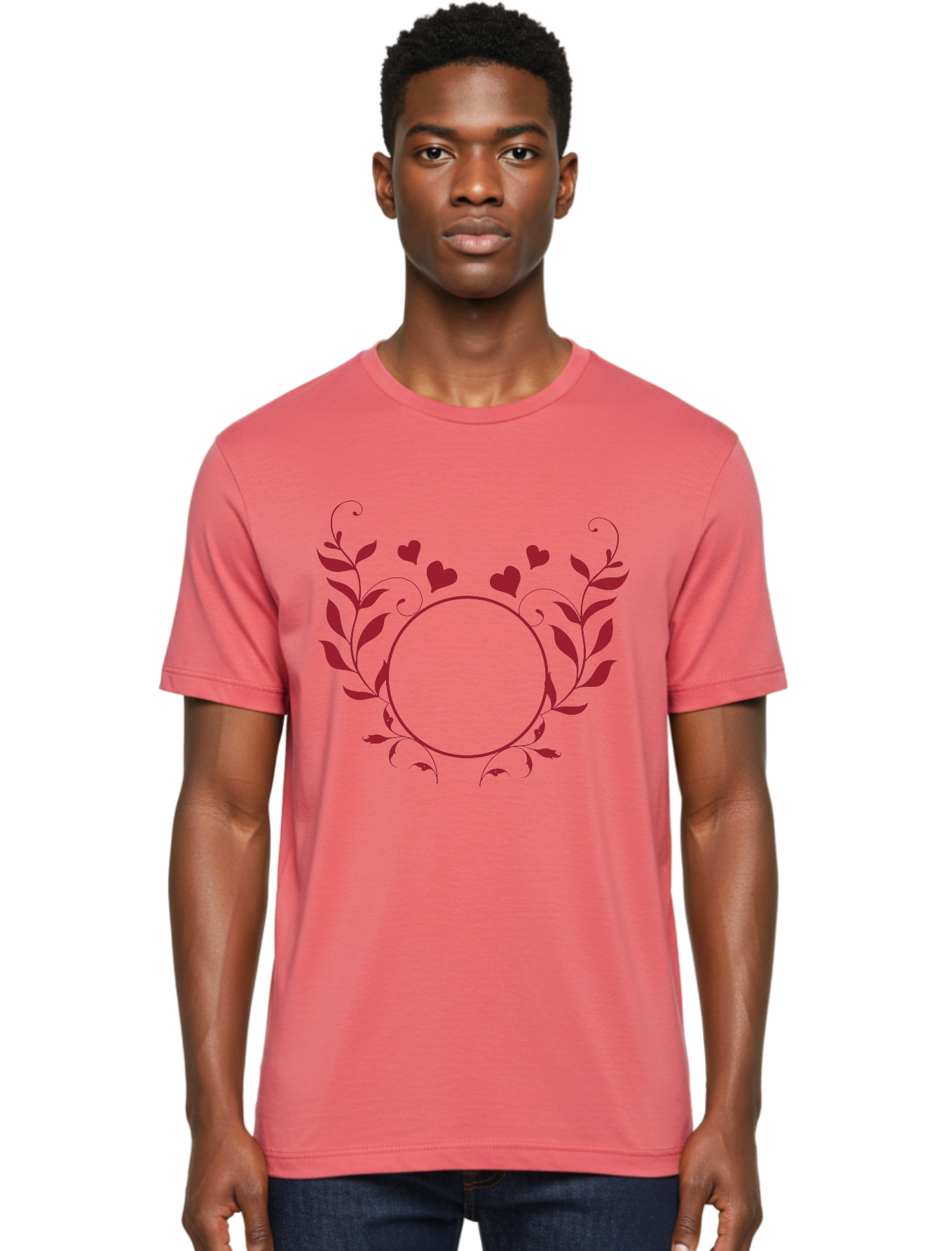 Floral-Heart-Design Men'S Graphic Tee, 100% Cotton, Comfortable Casual Summer Wear, Machine Washable, Floral Frame, Heart Decoration, Circular Border, Leafy Design, Red Hearts, Romantic Theme, Elegant Frame, Valentine'S Day Decor Aac734