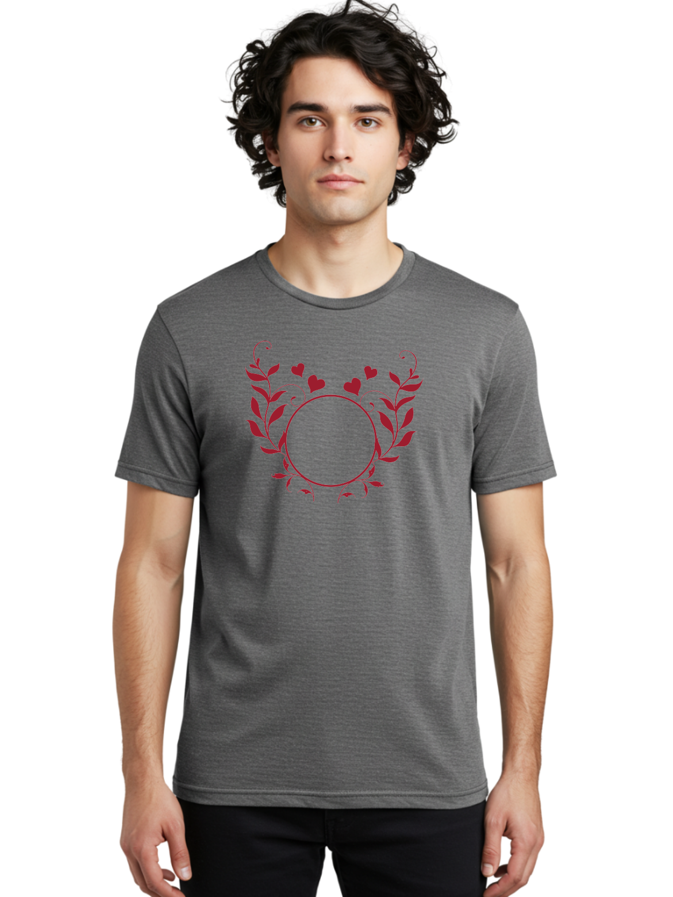 Floral-Heart-Design Men'S Graphic Tee, 100% Cotton, Comfortable Casual Summer Wear, Machine Washable, Floral Frame, Heart Decoration, Circular Border, Leafy Design, Red Hearts, Romantic Theme, Elegant Frame, Valentine'S Day Decor Aac734