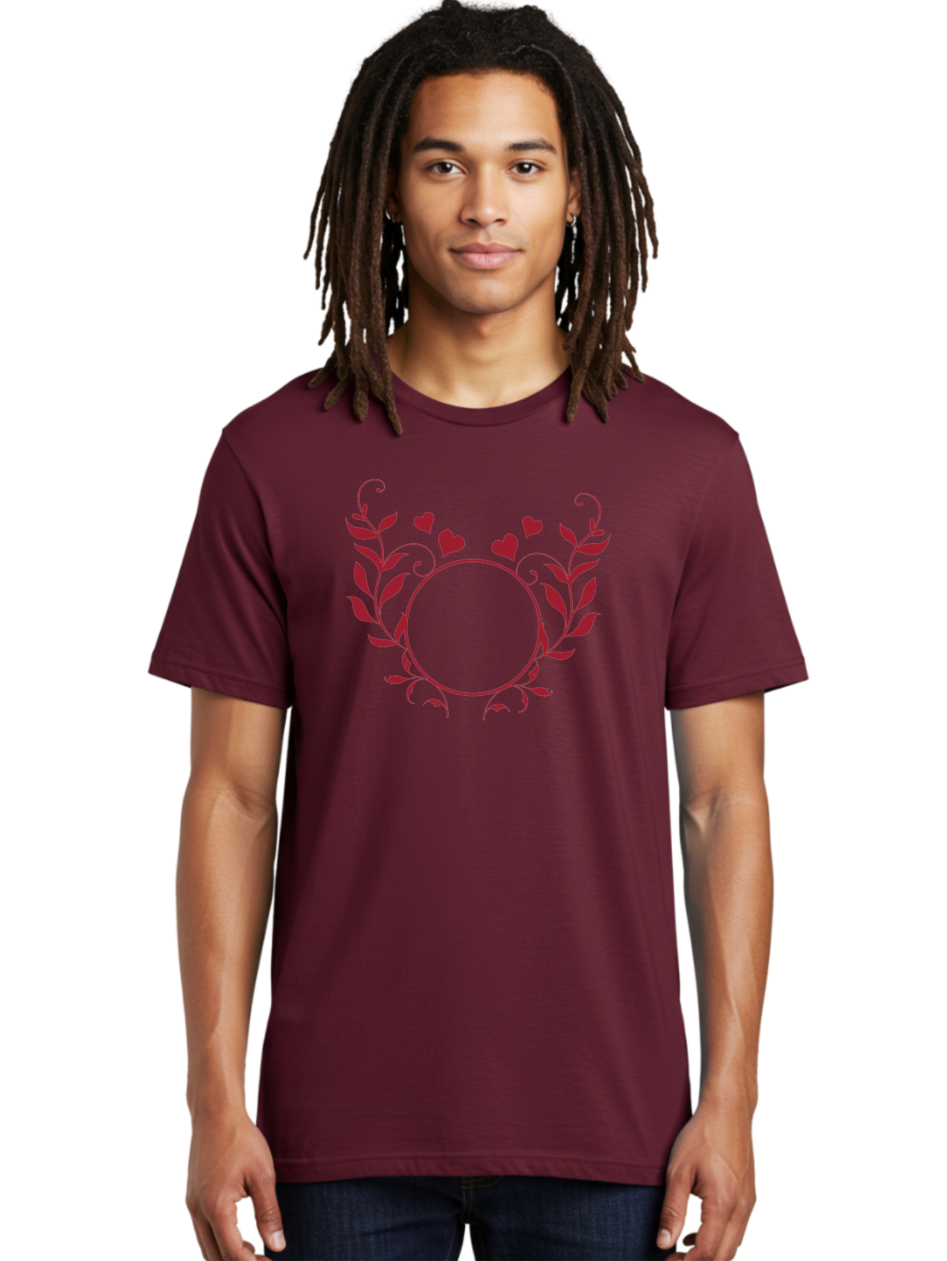 Floral-Heart-Design Men'S Graphic Tee, 100% Cotton, Comfortable Casual Summer Wear, Machine Washable, Floral Frame, Heart Decoration, Circular Border, Leafy Design, Red Hearts, Romantic Theme, Elegant Frame, Valentine'S Day Decor Aac734