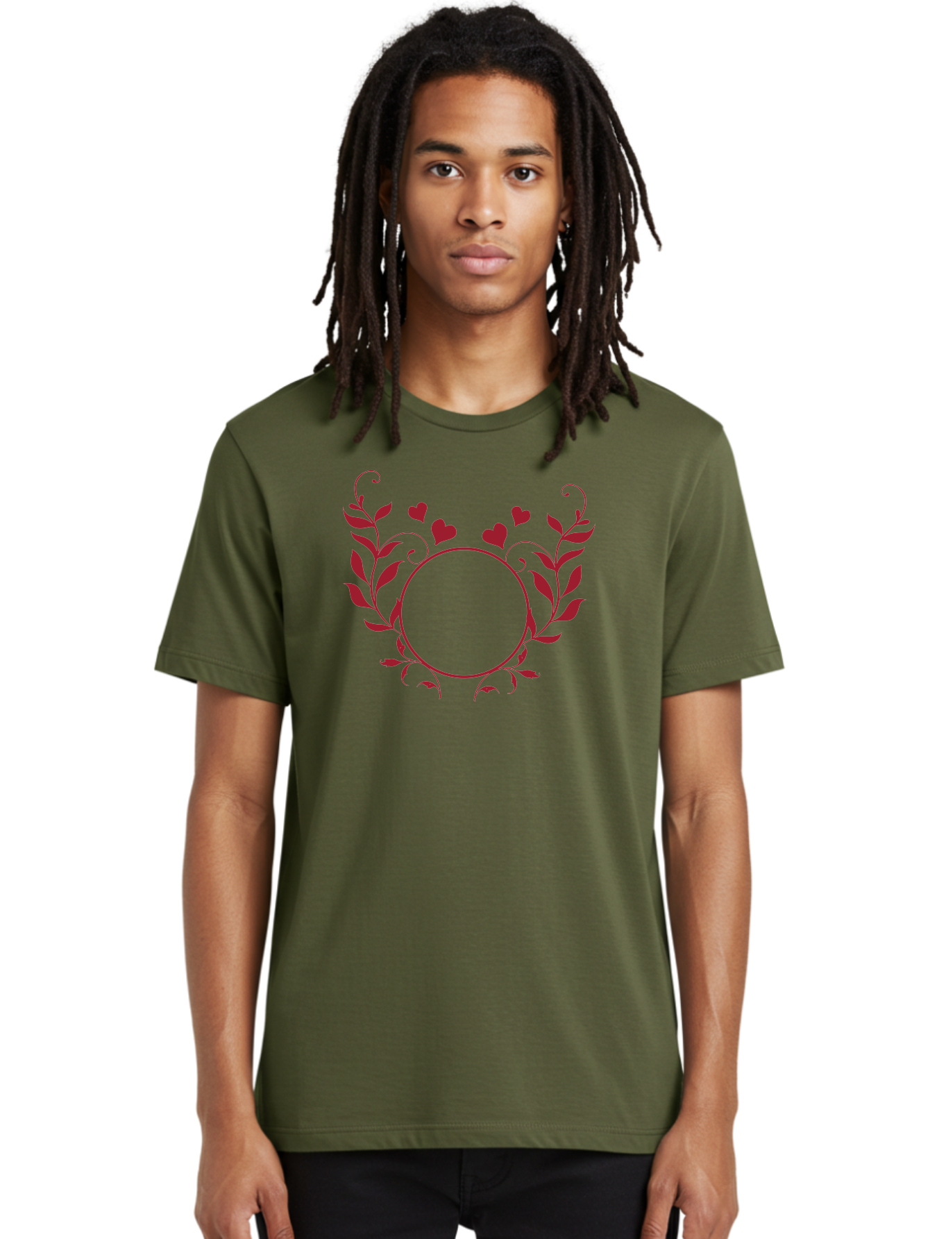 Floral-Heart-Design Men'S Graphic Tee, 100% Cotton, Comfortable Casual Summer Wear, Machine Washable, Floral Frame, Heart Decoration, Circular Border, Leafy Design, Red Hearts, Romantic Theme, Elegant Frame, Valentine'S Day Decor Aac734