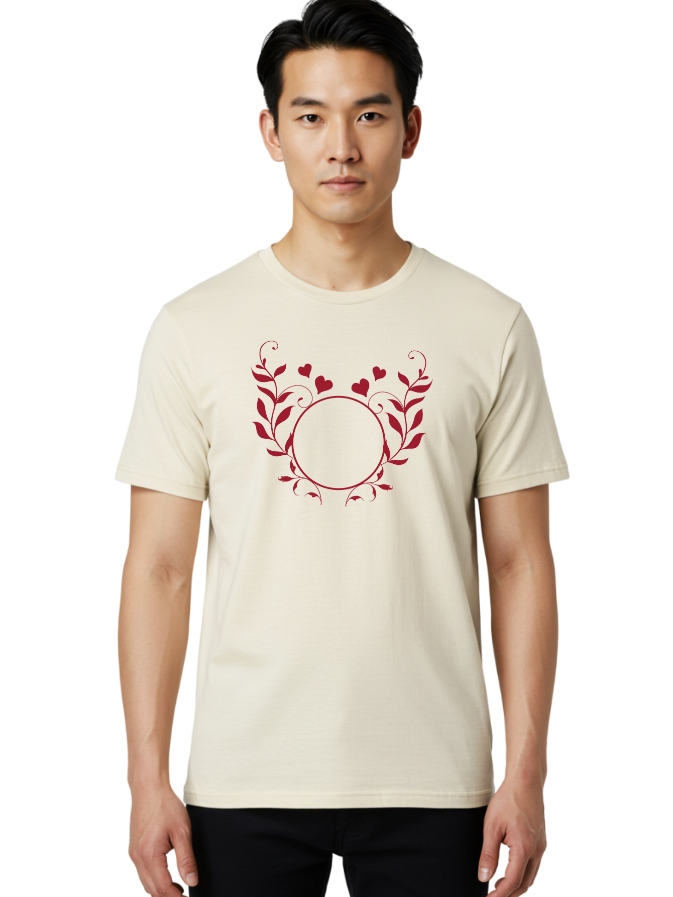 Floral-Heart-Design Men'S Graphic Tee, 100% Cotton, Comfortable Casual Summer Wear, Machine Washable, Floral Frame, Heart Decoration, Circular Border, Leafy Design, Red Hearts, Romantic Theme, Elegant Frame, Valentine'S Day Decor Aac734