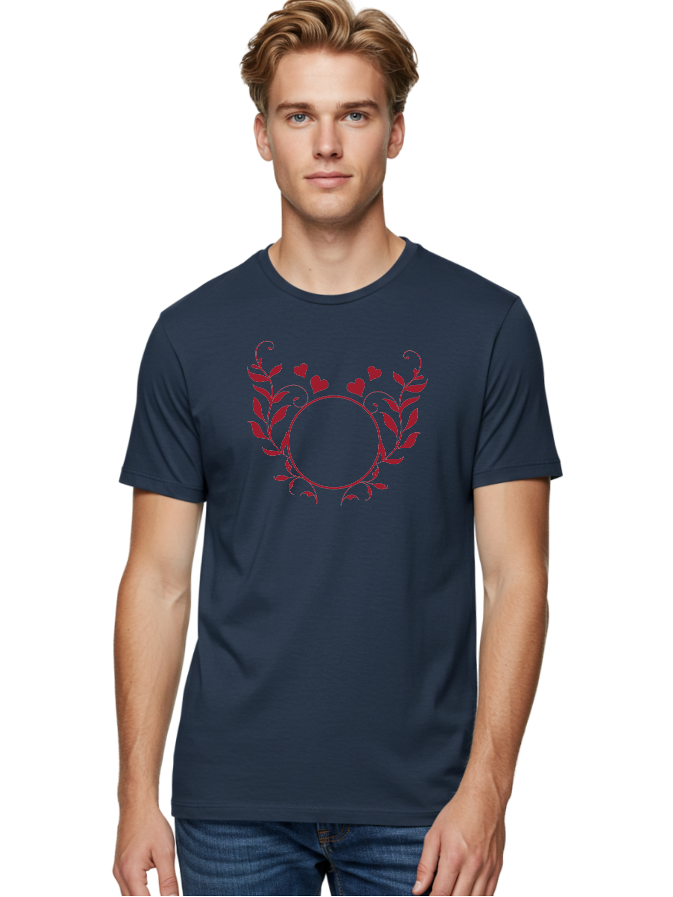 Floral-Heart-Design Men'S Graphic Tee, 100% Cotton, Comfortable Casual Summer Wear, Machine Washable, Floral Frame, Heart Decoration, Circular Border, Leafy Design, Red Hearts, Romantic Theme, Elegant Frame, Valentine'S Day Decor Aac734