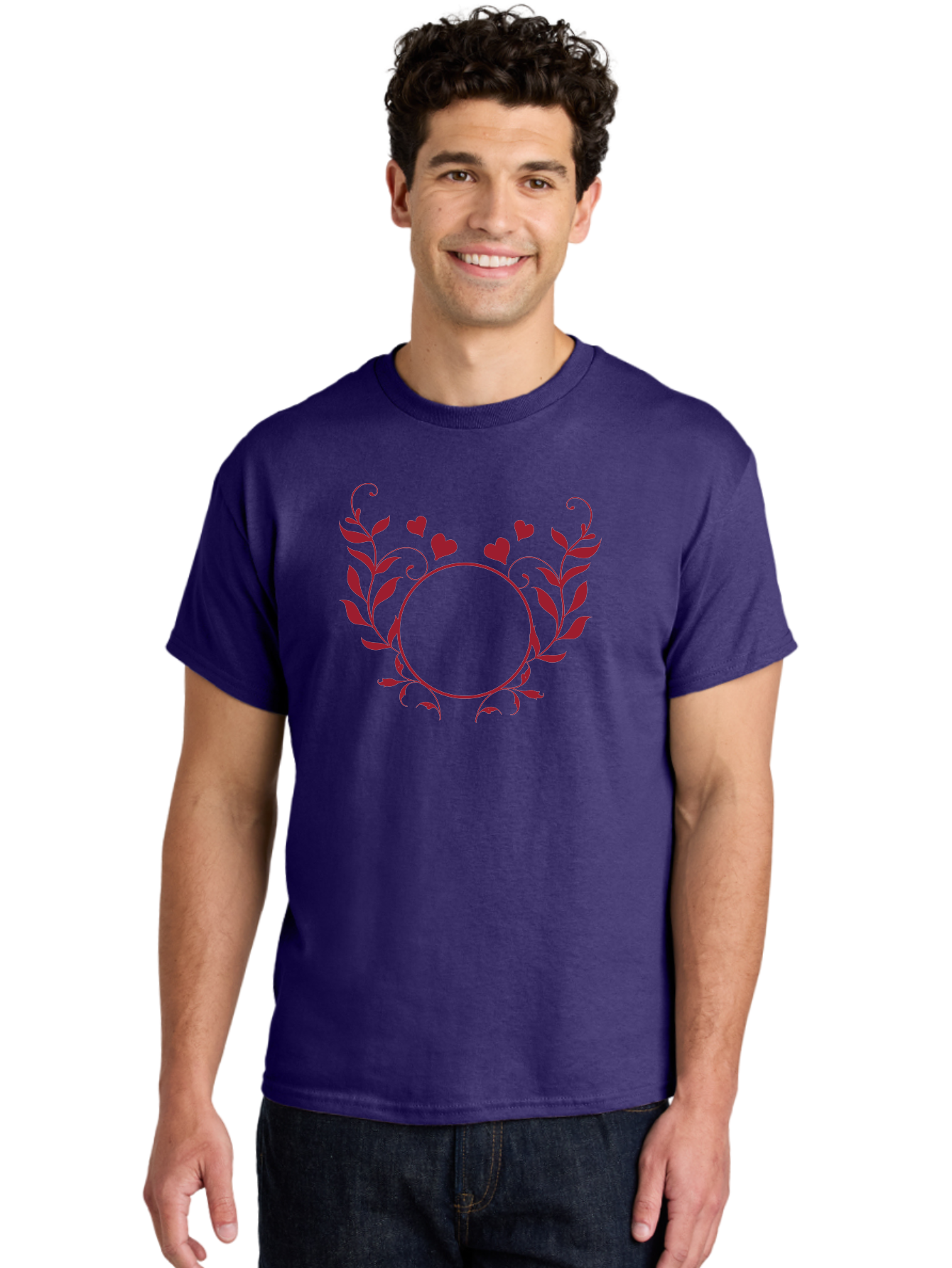 Floral-Heart-Design Men'S Graphic Tee, 100% Cotton, Comfortable Casual Summer Wear, Machine Washable, Floral Frame, Heart Decoration, Circular Border, Leafy Design, Red Hearts, Romantic Theme, Elegant Frame, Valentine'S Day Decor Aac734
