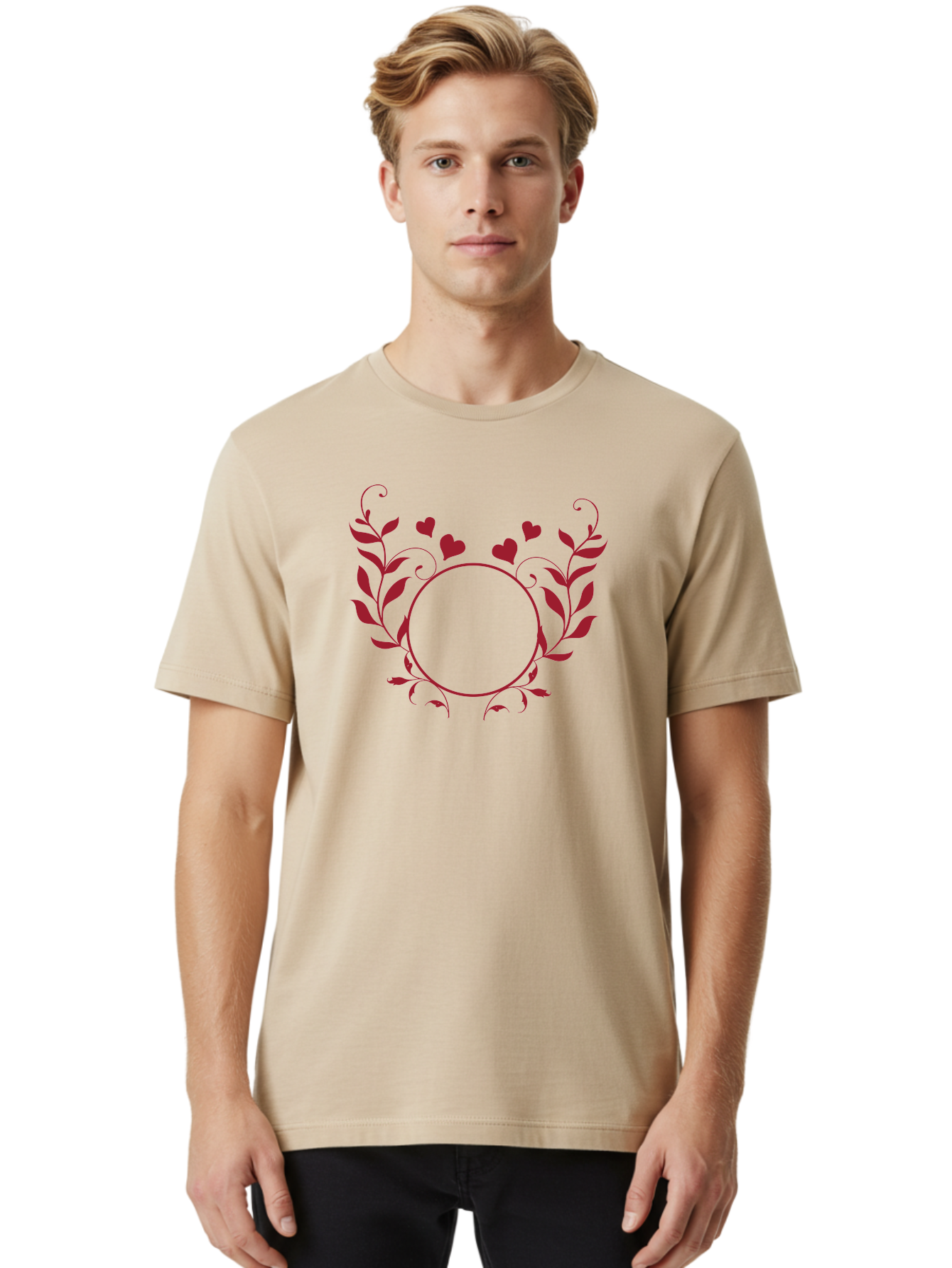 Floral-Heart-Design Men'S Graphic Tee, 100% Cotton, Comfortable Casual Summer Wear, Machine Washable, Floral Frame, Heart Decoration, Circular Border, Leafy Design, Red Hearts, Romantic Theme, Elegant Frame, Valentine'S Day Decor Aac734