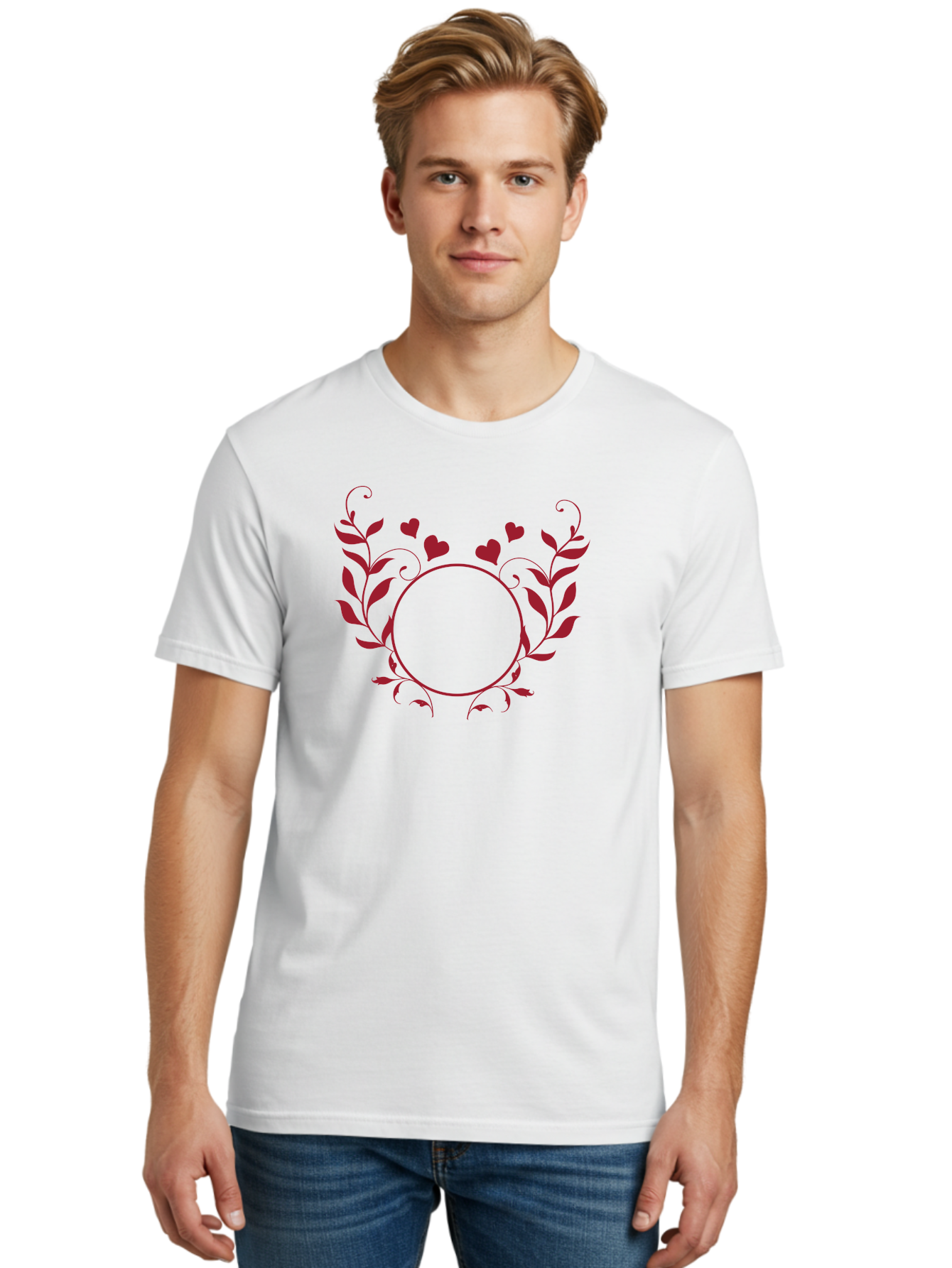 Floral-Heart-Design Men'S Graphic Tee, 100% Cotton, Comfortable Casual Summer Wear, Machine Washable, Floral Frame, Heart Decoration, Circular Border, Leafy Design, Red Hearts, Romantic Theme, Elegant Frame, Valentine'S Day Decor Aac734