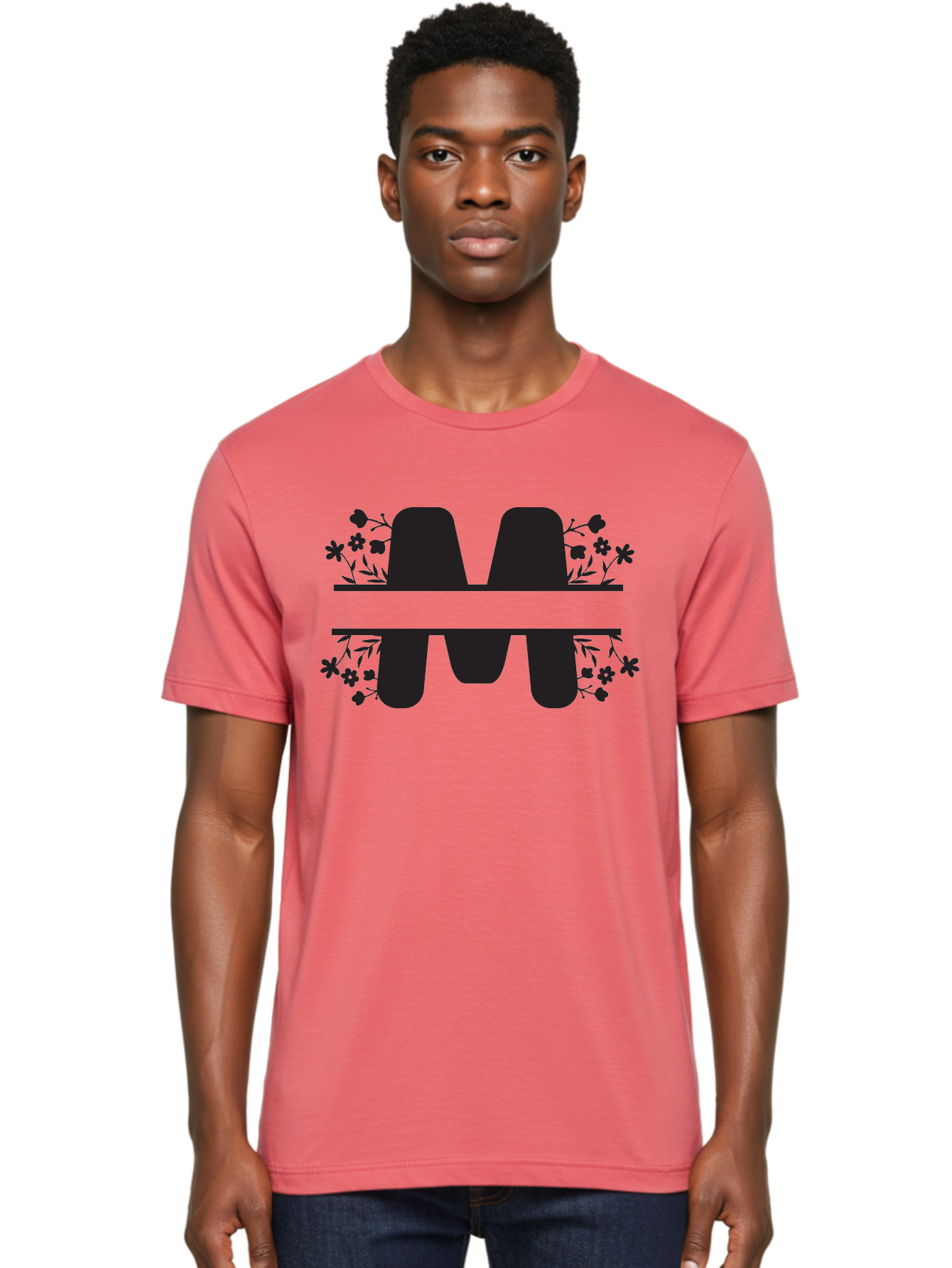 Floral-M-Logo Men'S Graphic Tee, 100% Cotton, Comfortable Casual Summer Wear, Machine Washable, Stylish Logo, Letter M, Floral Design, Bold Typography, Decorative Flowers, Modern Graphics, Sleek Design Aac735