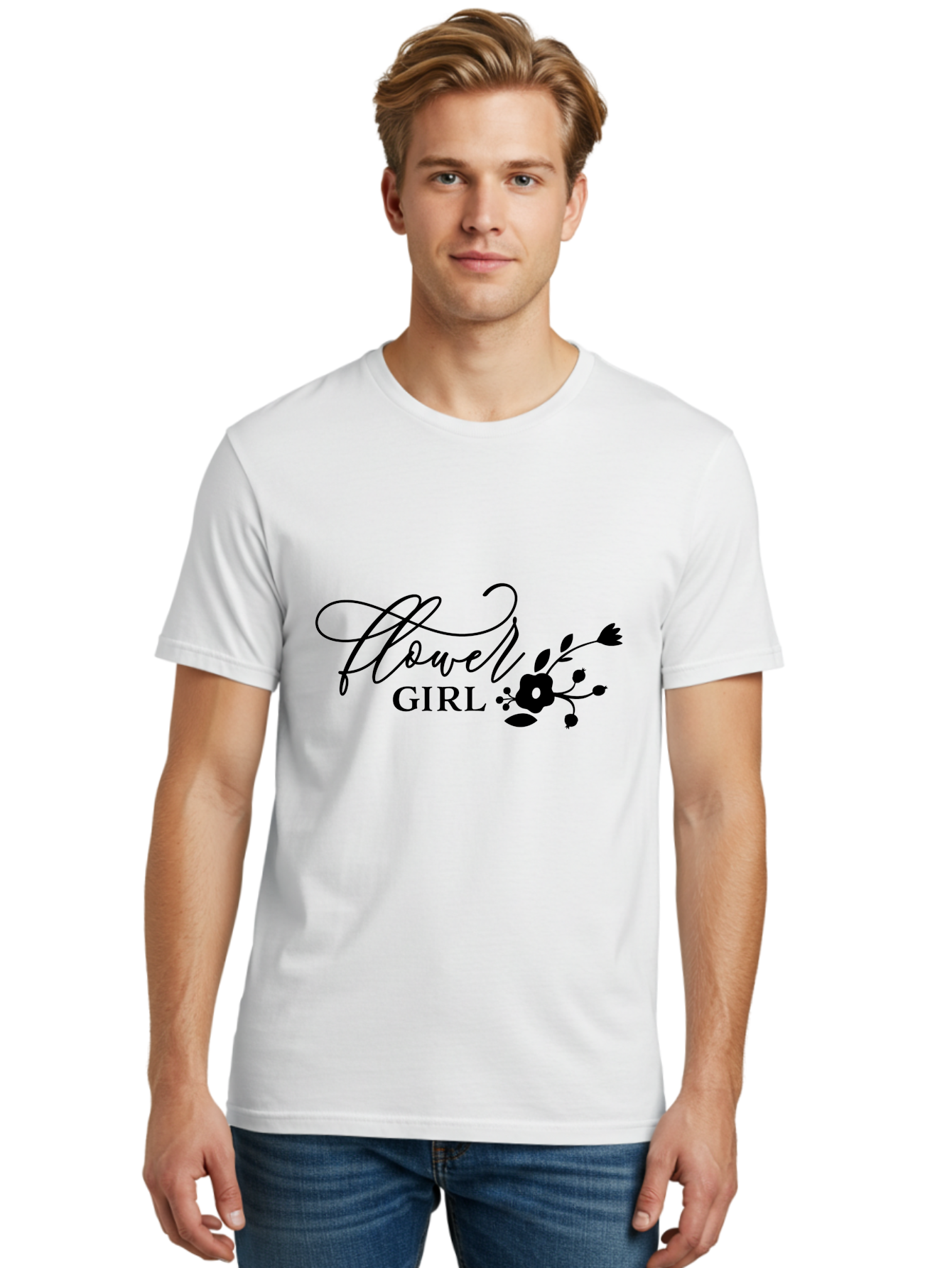 Flower-Girl Men'S Graphic Tee, 100% Cotton, Comfortable Casual Summer Wear, Machine Washable, Flower Girl, Beautiful Floral Designs, Elegance, Cursive Script, Blooming Flowers, Feminine Charm, Delicate Illustrations, Floral Arrangements Aac736