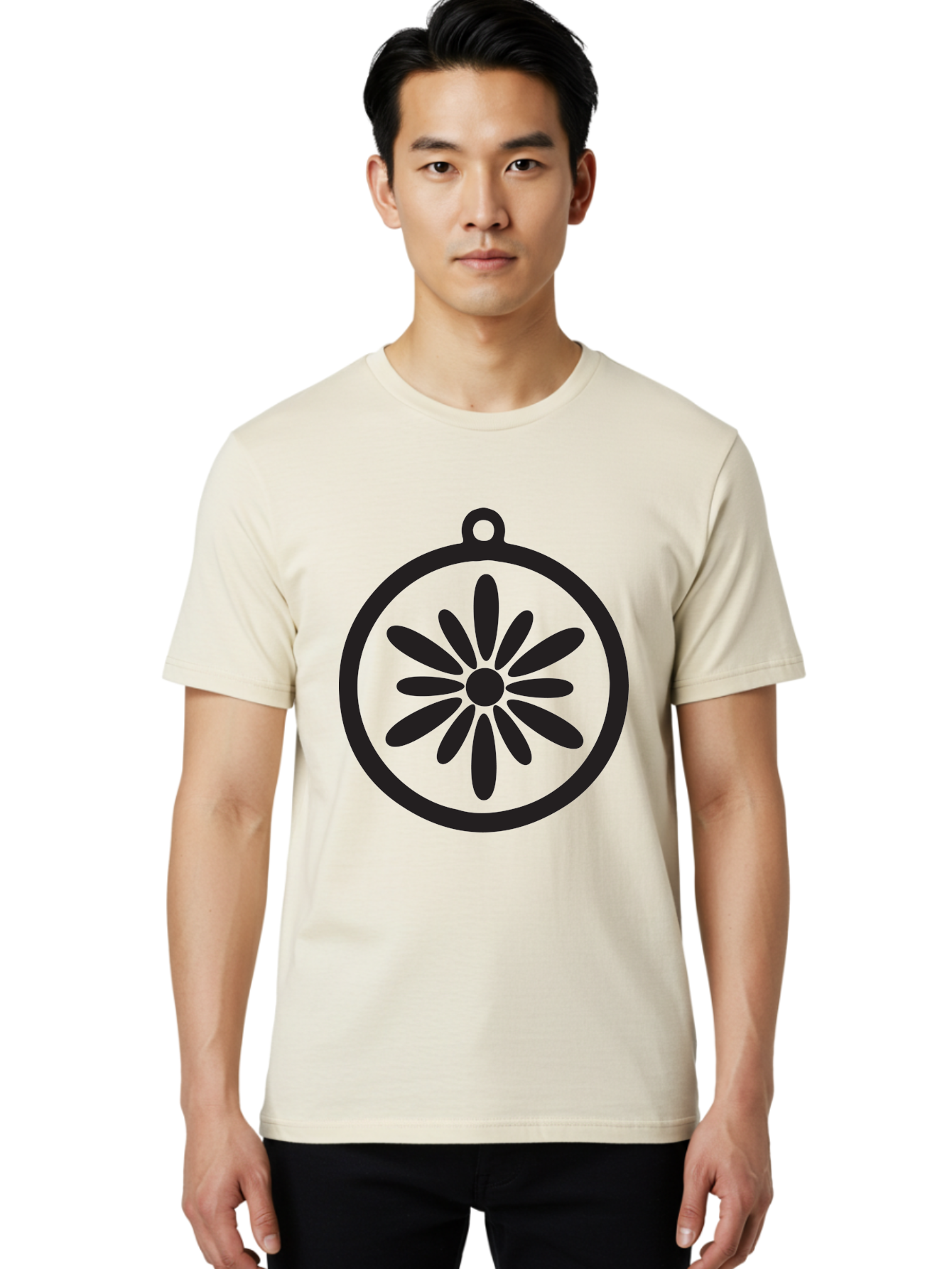 Flower-Pendant Men'S Graphic Tee, 100% Cotton, Comfortable Casual Summer Wear, Machine Washable, Flower Pendant, Minimalist Design, Circular Shape, Floral Motif, Simple Jewelry, Elegant Accessory, Modern Charm, Stylized Bloom Aac737