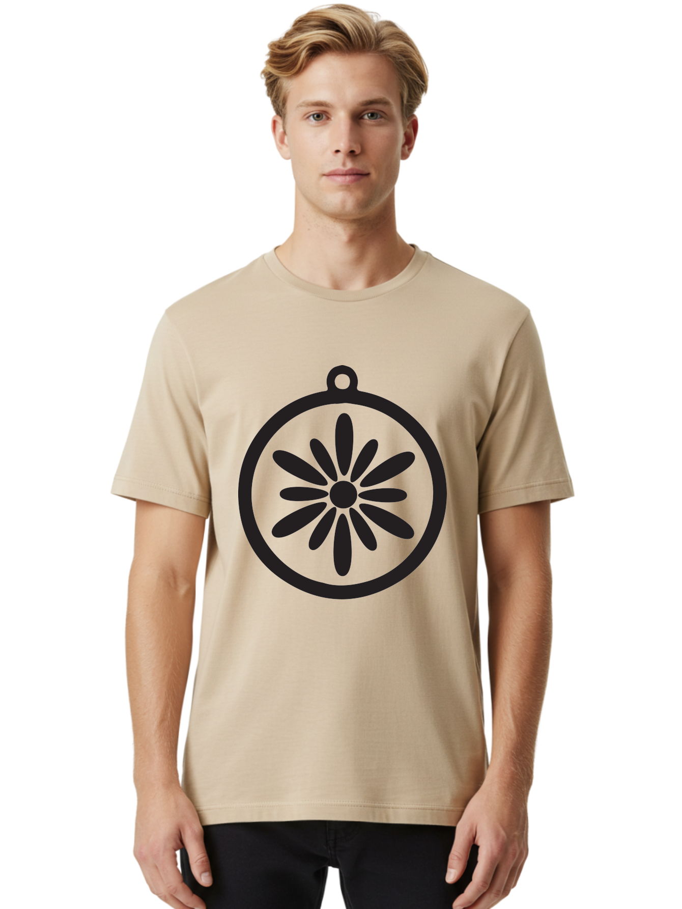 Flower-Pendant Men'S Graphic Tee, 100% Cotton, Comfortable Casual Summer Wear, Machine Washable, Flower Pendant, Minimalist Design, Circular Shape, Floral Motif, Simple Jewelry, Elegant Accessory, Modern Charm, Stylized Bloom Aac737