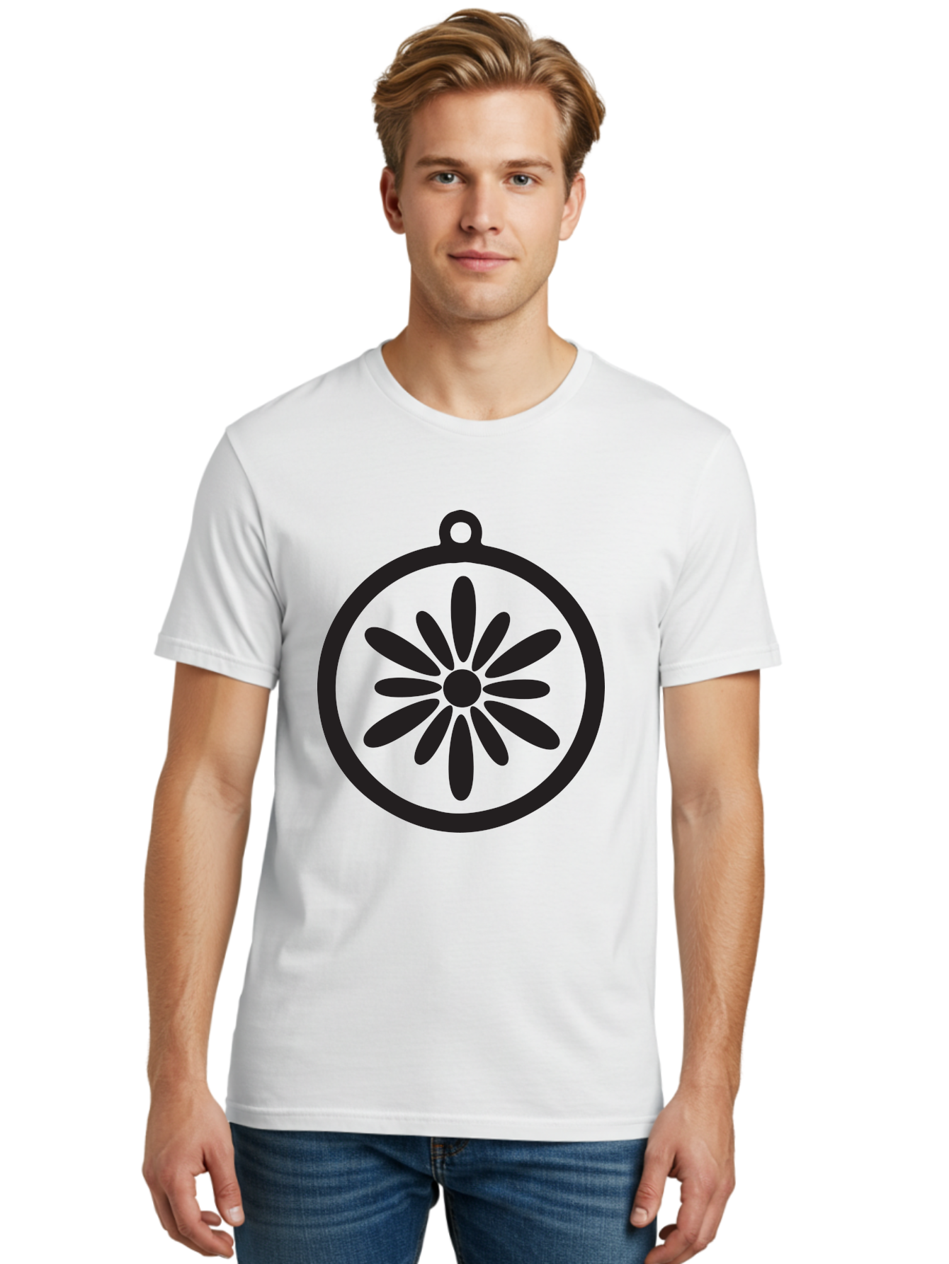 Flower-Pendant Men'S Graphic Tee, 100% Cotton, Comfortable Casual Summer Wear, Machine Washable, Flower Pendant, Minimalist Design, Circular Shape, Floral Motif, Simple Jewelry, Elegant Accessory, Modern Charm, Stylized Bloom Aac737
