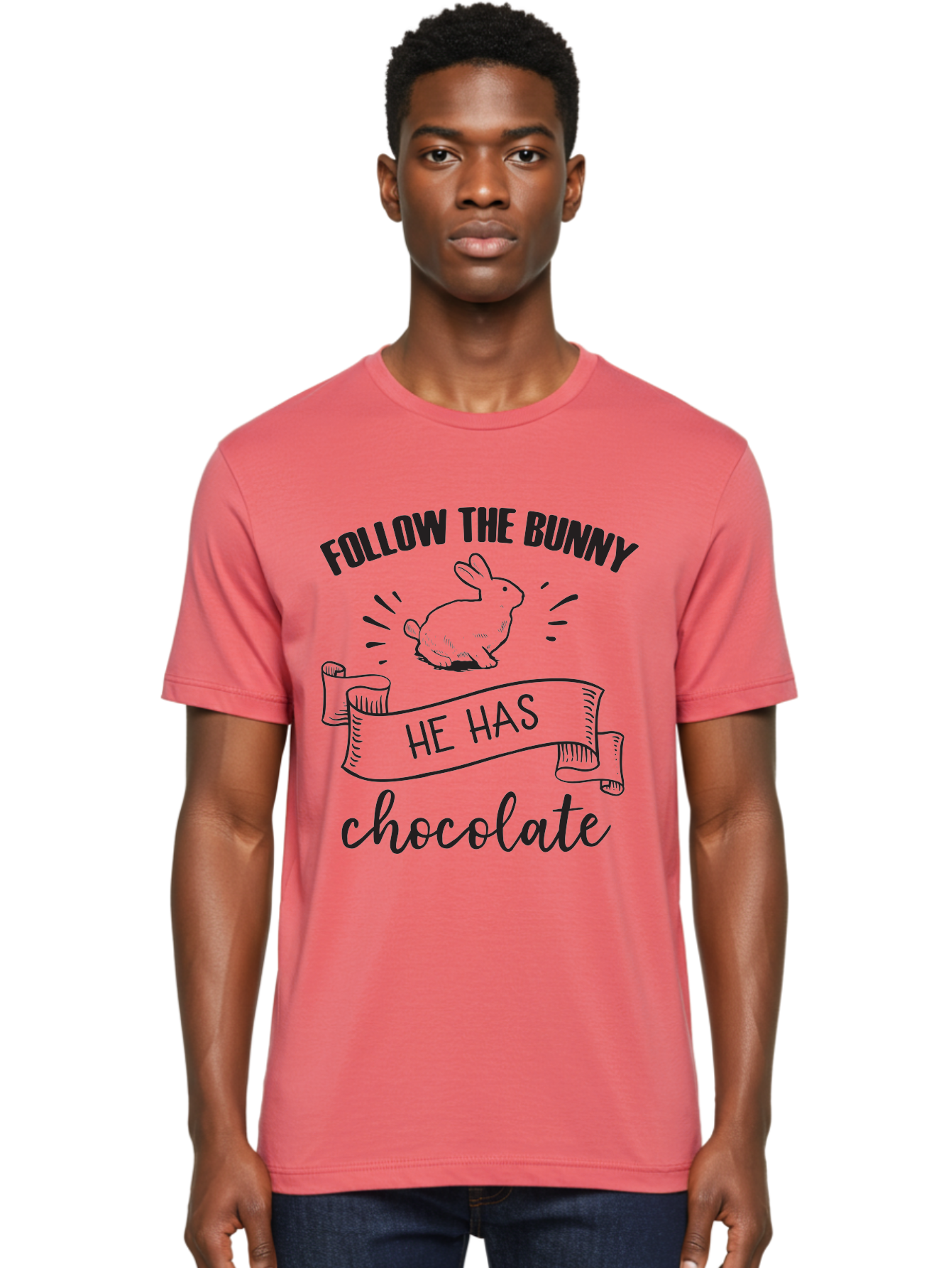 Follow-The-Bunny Men'S Graphic Tee, 100% Cotton, Comfortable Casual Summer Wear, Machine Washable, Easter Bunny, Chocolate Bunny, Follow The Bunny, Easter Treats, Candy Hunt, Bunny Illustration, Chocolate Sweets, Easter Fun, Bunny Graphics Aac739