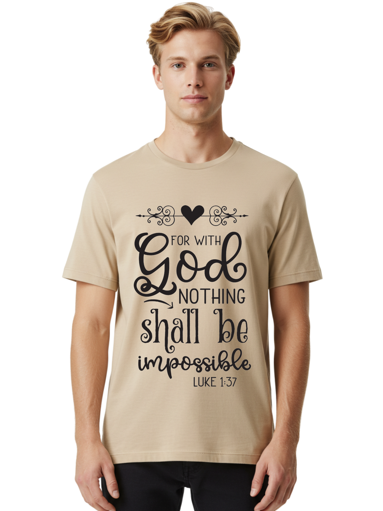 For-With-God-Nothing-Shall-Be-Impossible Men'S Graphic Tee, 100% Cotton, Comfortable Casual Summer Wear, Machine Washable, Inspirational Quote, Motivational Quote, Faith-Based Quote, Biblical Verse, Christian Quote, Luke 1:37, God Is Great, Aac744