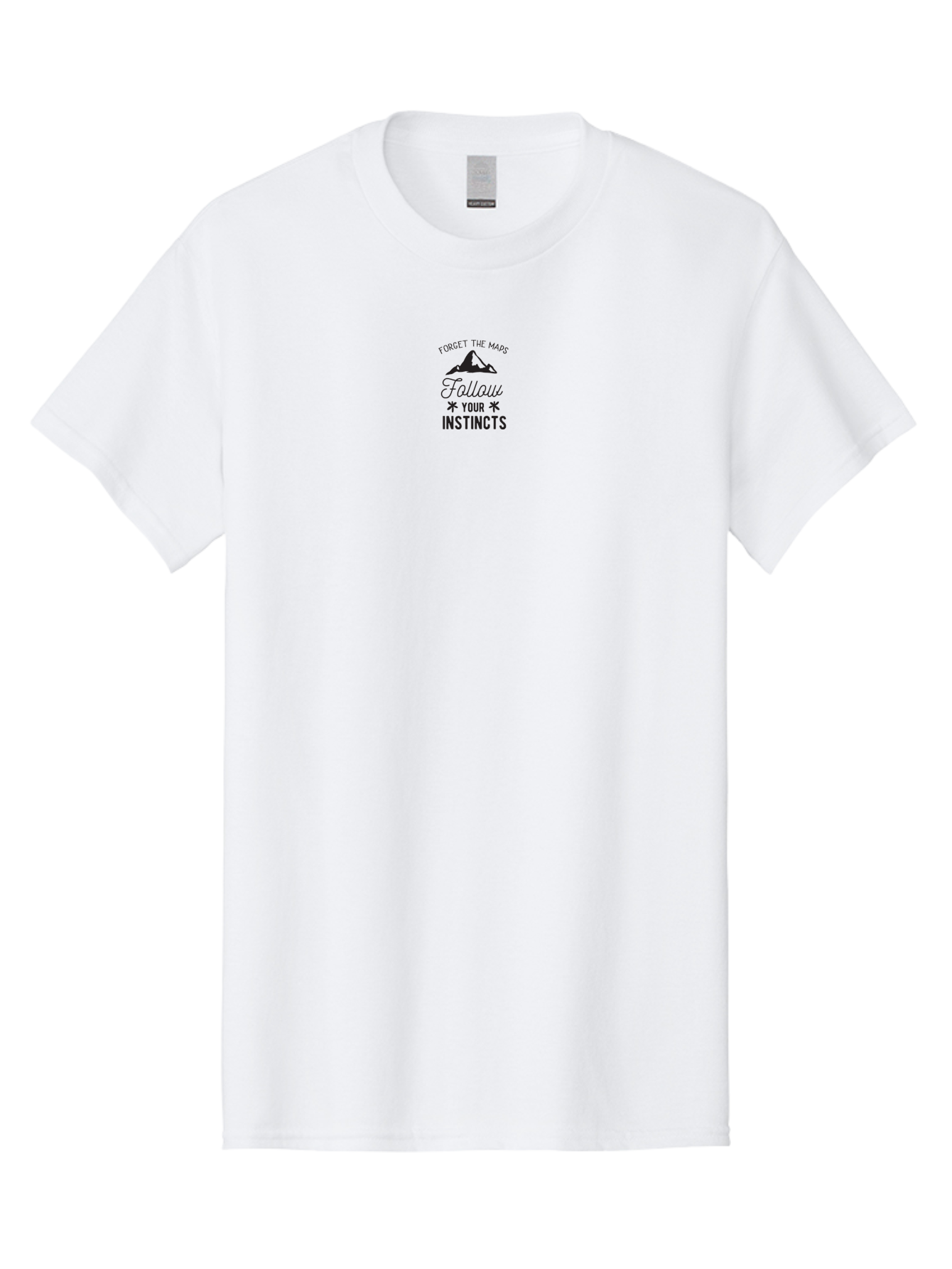 Forget-The-Maps-Follow-Your-Instincts Men'S Graphic Tee, 100% Cotton, Comfortable Casual Summer Wear, Machine Washable, Inspirational Quote, Motivational Message, Follow Your Heart, Mountain Silhouette, Adventure Seeking, Travel Inspiration, Aac745