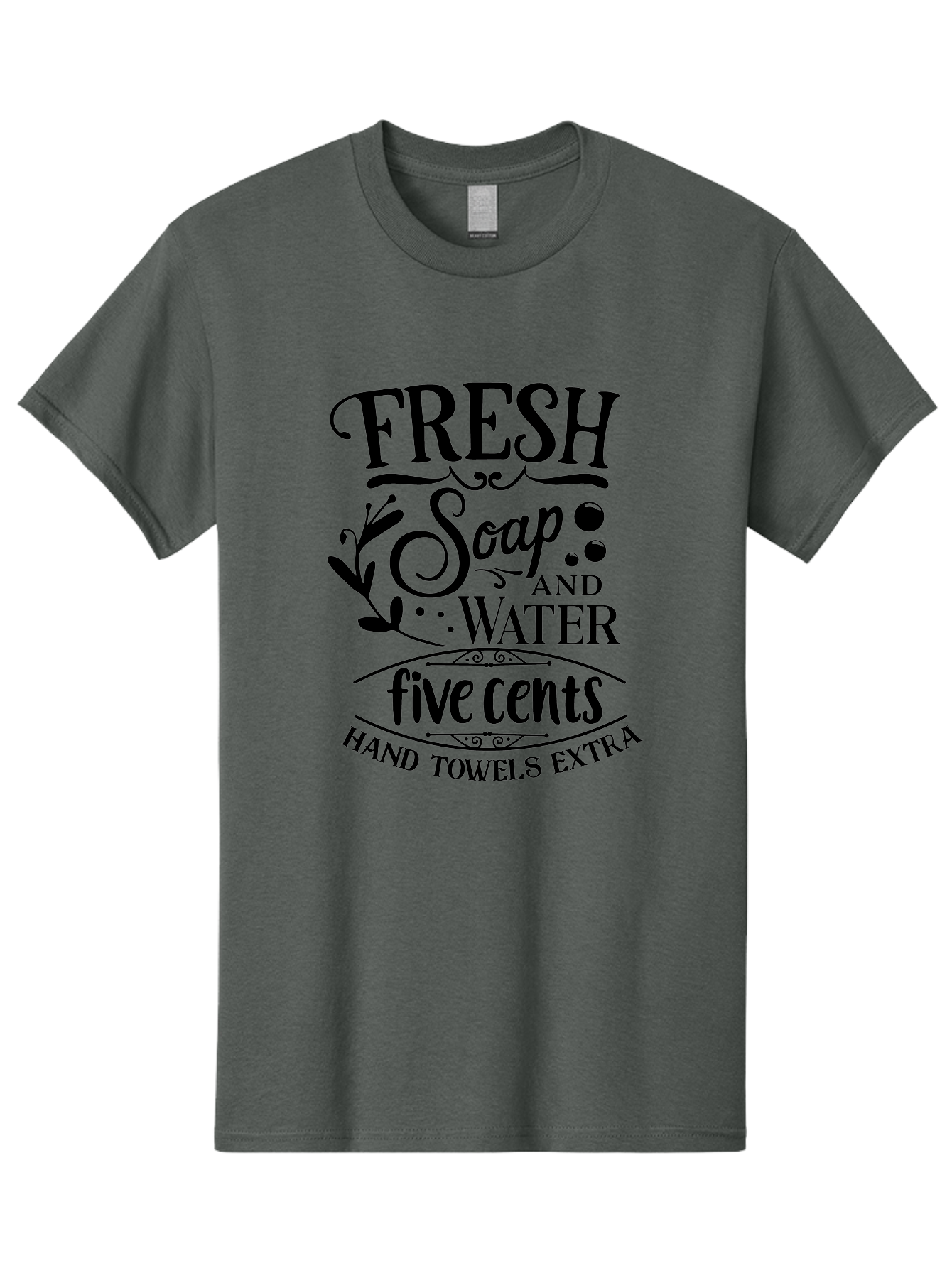 Fresh-Soap-And-Water Men'S Graphic Tee, 100% Cotton, Comfortable Casual Summer Wear, Machine Washable, Vintage Bathroom Decor, Soap And Water, Five Cents, Hand Towels Extra, Retro Style, Black And Green Color Scheme, Decorative Typography, Aac747