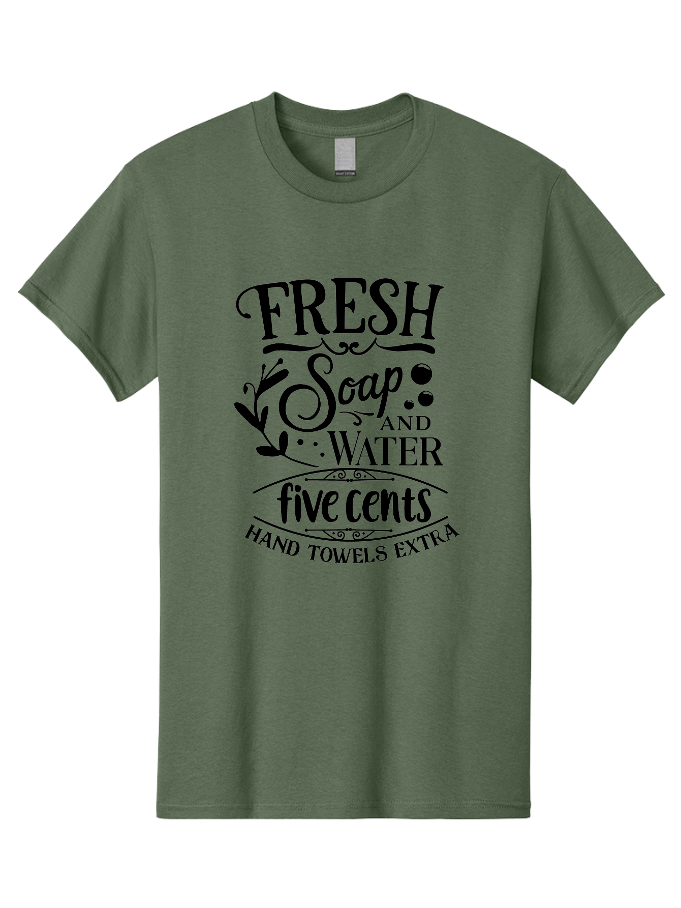 Fresh-Soap-And-Water Men'S Graphic Tee, 100% Cotton, Comfortable Casual Summer Wear, Machine Washable, Vintage Bathroom Decor, Soap And Water, Five Cents, Hand Towels Extra, Retro Style, Black And Green Color Scheme, Decorative Typography, Aac747