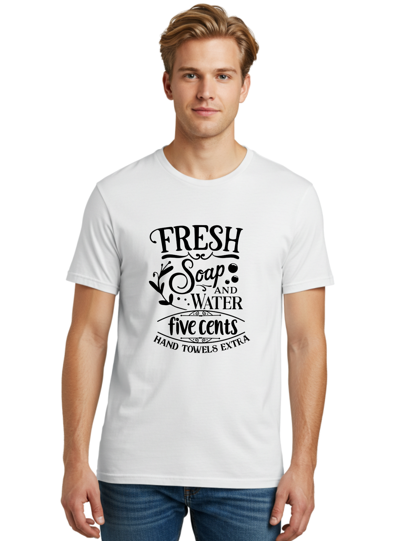 Fresh-Soap-And-Water Men'S Graphic Tee, 100% Cotton, Comfortable Casual Summer Wear, Machine Washable, Vintage Bathroom Decor, Soap And Water, Five Cents, Hand Towels Extra, Retro Style, Black And Green Color Scheme, Decorative Typography, Aac747
