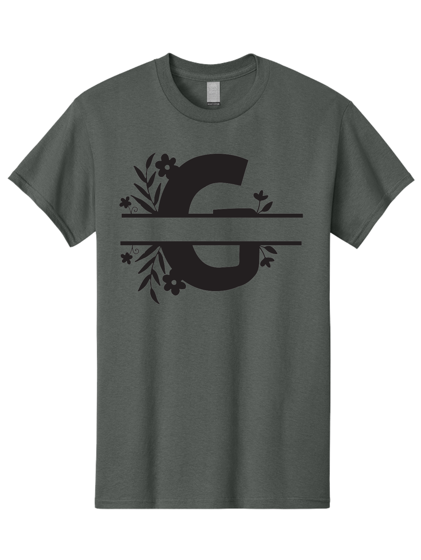 G-1 Men'S Graphic Tee, 100% Cotton, Comfortable Casual Summer Wear, Machine Washable, Stylish Letter G, Floral Decorations, Elegant Design, Black And Green Color Scheme, Leafy Patterns, Beautiful Typography, Decorative Elements, Leaf Vines, Aac748