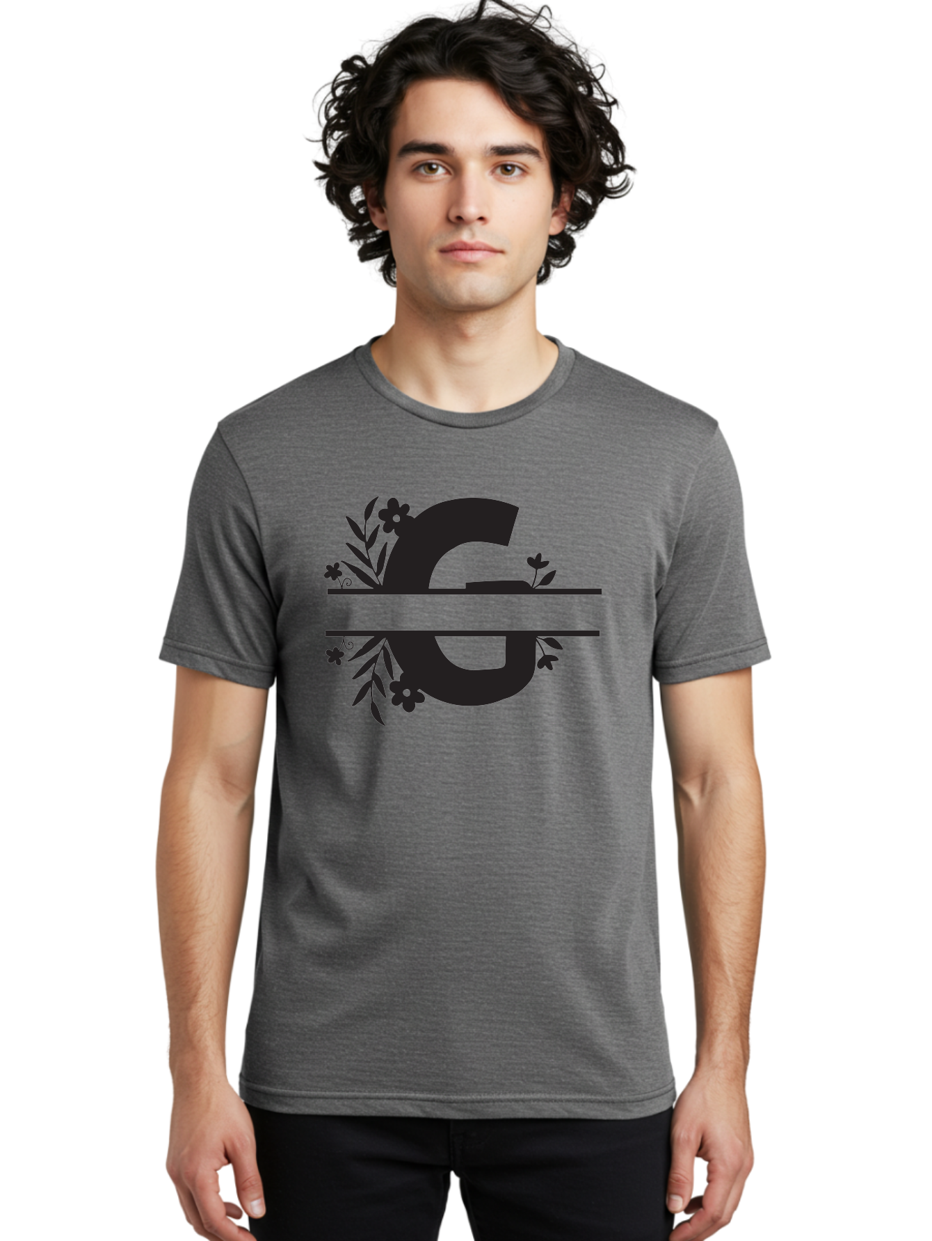 G-1 Men'S Graphic Tee, 100% Cotton, Comfortable Casual Summer Wear, Machine Washable, Stylish Letter G, Floral Decorations, Elegant Design, Black And Green Color Scheme, Leafy Patterns, Beautiful Typography, Decorative Elements, Leaf Vines, Aac748