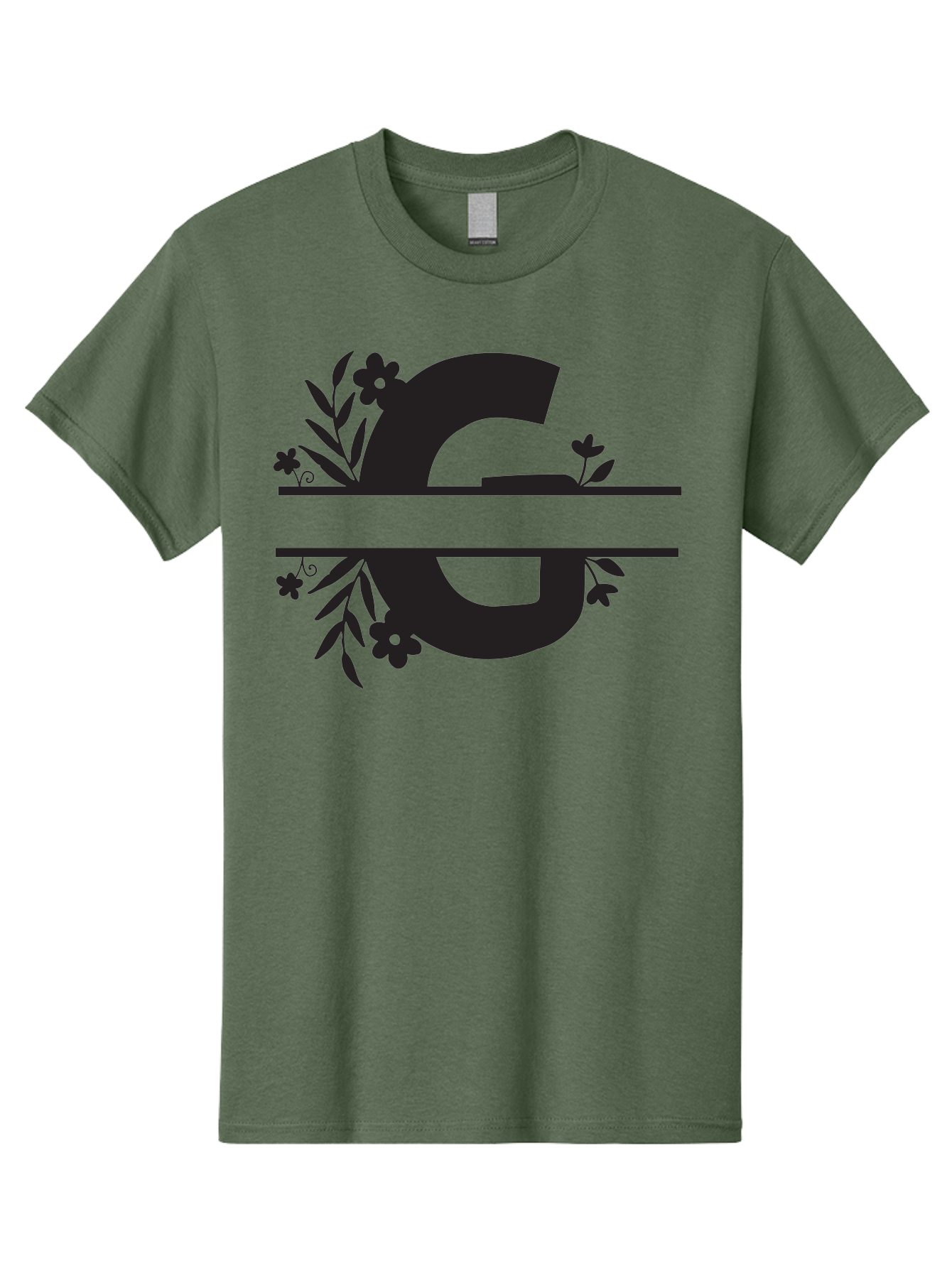 G-1 Men'S Graphic Tee, 100% Cotton, Comfortable Casual Summer Wear, Machine Washable, Stylish Letter G, Floral Decorations, Elegant Design, Black And Green Color Scheme, Leafy Patterns, Beautiful Typography, Decorative Elements, Leaf Vines, Aac748