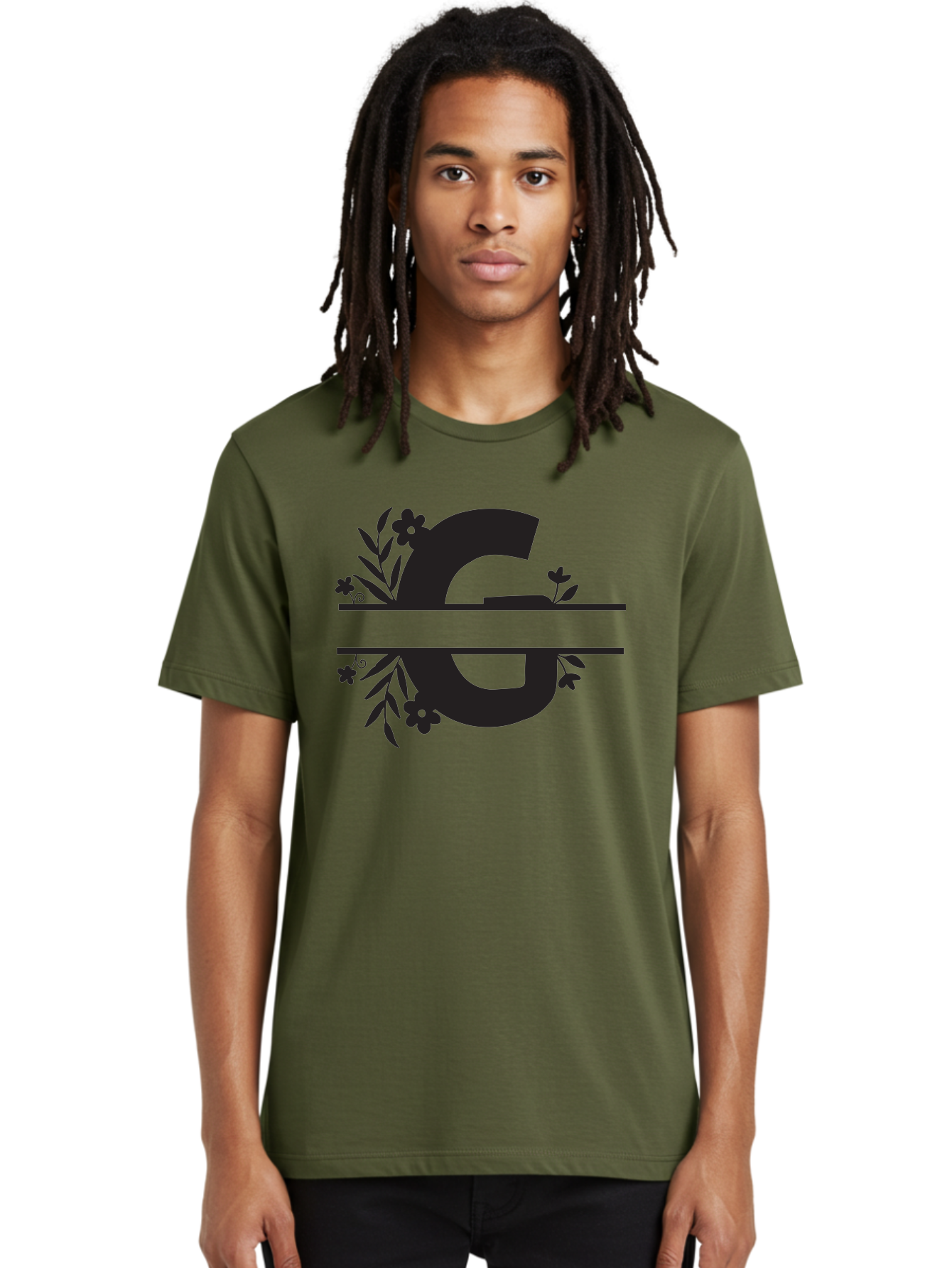 G-1 Men'S Graphic Tee, 100% Cotton, Comfortable Casual Summer Wear, Machine Washable, Stylish Letter G, Floral Decorations, Elegant Design, Black And Green Color Scheme, Leafy Patterns, Beautiful Typography, Decorative Elements, Leaf Vines, Aac748