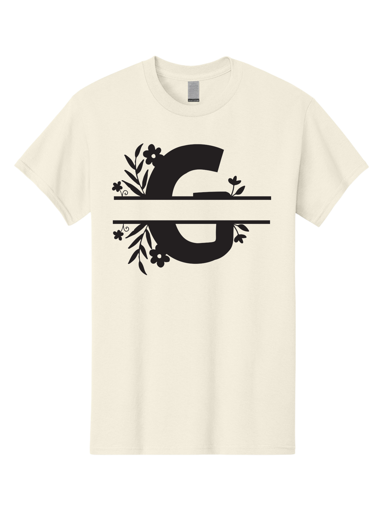 G-1 Men'S Graphic Tee, 100% Cotton, Comfortable Casual Summer Wear, Machine Washable, Stylish Letter G, Floral Decorations, Elegant Design, Black And Green Color Scheme, Leafy Patterns, Beautiful Typography, Decorative Elements, Leaf Vines, Aac748