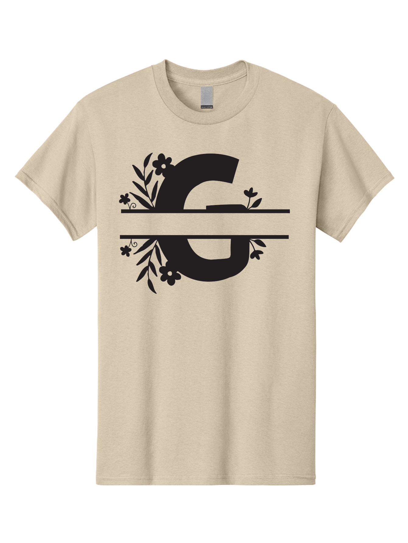 G-1 Men'S Graphic Tee, 100% Cotton, Comfortable Casual Summer Wear, Machine Washable, Stylish Letter G, Floral Decorations, Elegant Design, Black And Green Color Scheme, Leafy Patterns, Beautiful Typography, Decorative Elements, Leaf Vines, Aac748