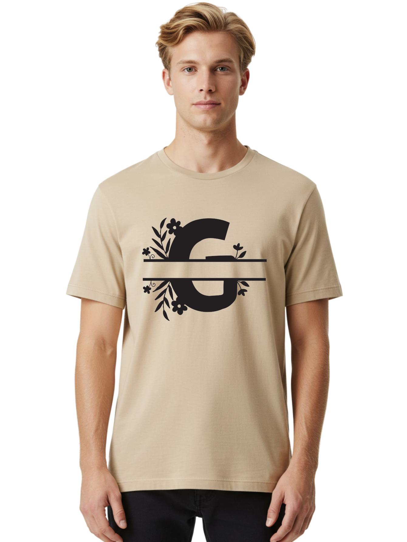 G-1 Men'S Graphic Tee, 100% Cotton, Comfortable Casual Summer Wear, Machine Washable, Stylish Letter G, Floral Decorations, Elegant Design, Black And Green Color Scheme, Leafy Patterns, Beautiful Typography, Decorative Elements, Leaf Vines, Aac748