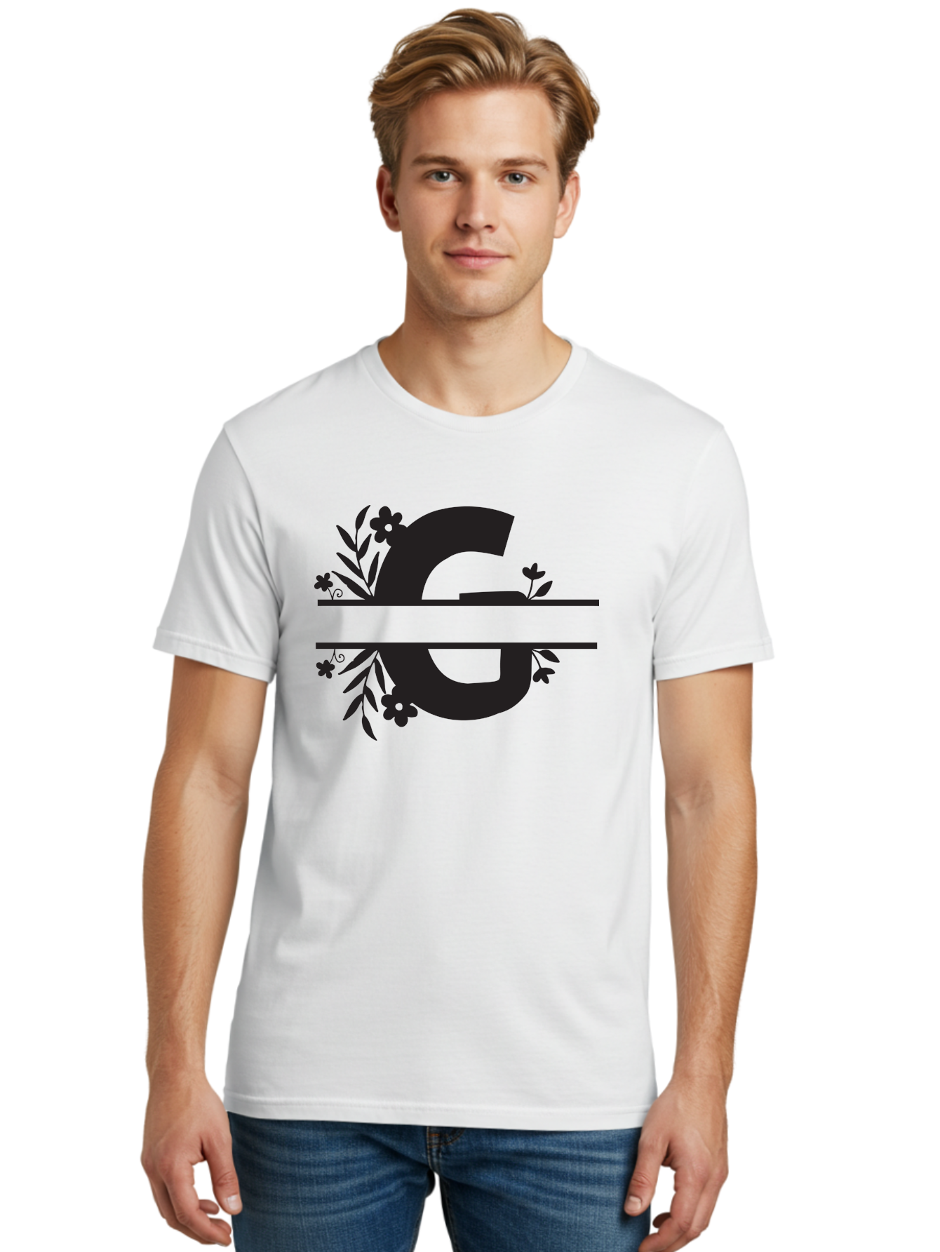 G-1 Men'S Graphic Tee, 100% Cotton, Comfortable Casual Summer Wear, Machine Washable, Stylish Letter G, Floral Decorations, Elegant Design, Black And Green Color Scheme, Leafy Patterns, Beautiful Typography, Decorative Elements, Leaf Vines, Aac748