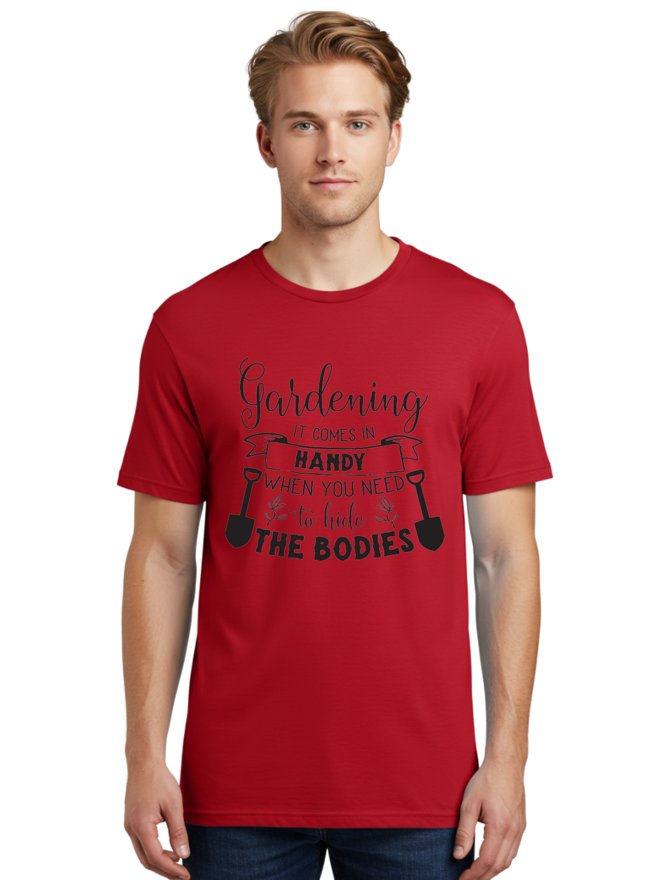 Gardening Men'S Graphic Tee, 100% Cotton, Comfortable Casual Summer Wear, Machine Washable, Gardening Humor, Dark Humor, Funny Quote, Gardening Quote, Morbid Humor, Gardening Joke, Shovels, Leaves, Playful Sarcasm Aac751