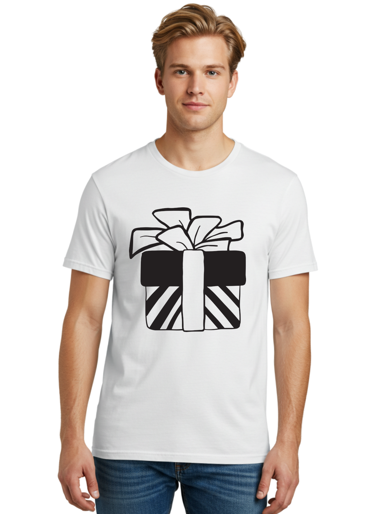 Gift-Box Men'S Graphic Tee, 100% Cotton, Comfortable Casual Summer Wear, Machine Washable, Wrapped Gift, Striped Box, Ribbon Bow, Present, Gift Giving, Holiday Present, Wrapped Present Aac753
