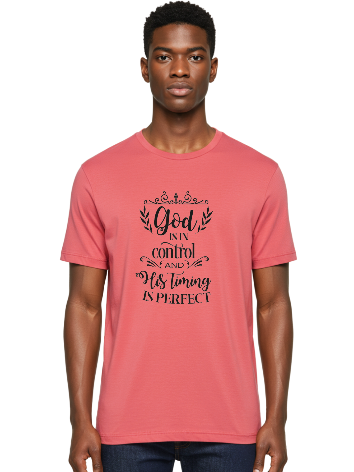 God-Is-In-Control-And-His-Timing-Is-Perfect Men'S Graphic Tee, 100% Cotton, Comfortable Casual Summer Wear, Machine Washable, Faith Quote, Inspirational Quote, Motivational Quote, Religious Quote, God Is In Control, His Timing Is Perfect, Aac764