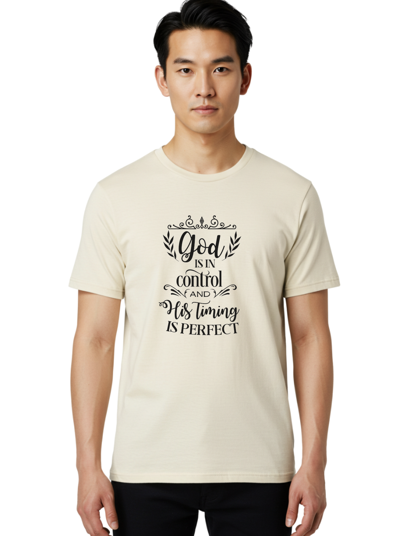 God-Is-In-Control-And-His-Timing-Is-Perfect Men'S Graphic Tee, 100% Cotton, Comfortable Casual Summer Wear, Machine Washable, Faith Quote, Inspirational Quote, Motivational Quote, Religious Quote, God Is In Control, His Timing Is Perfect, Aac764