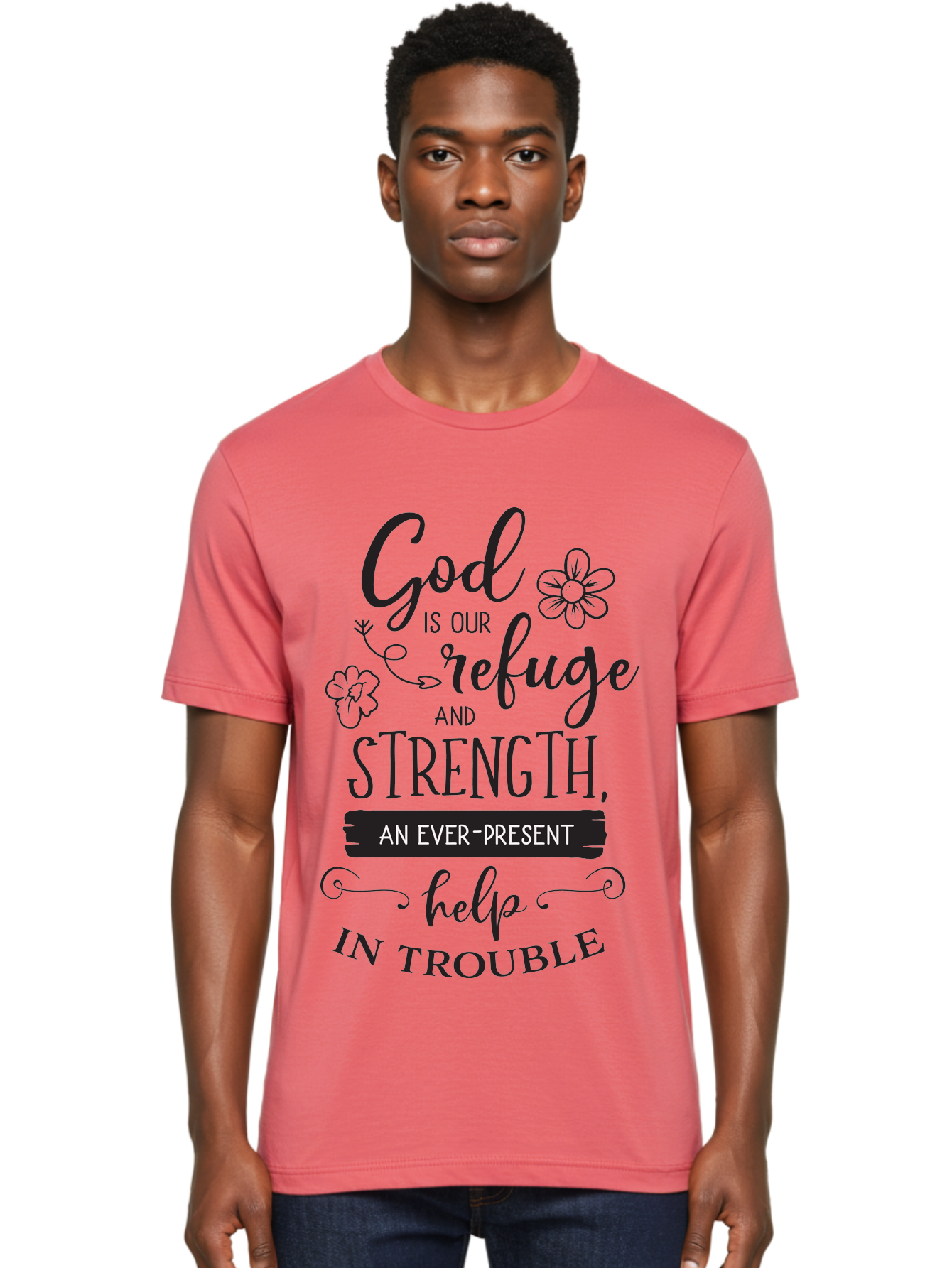 God-Is-Our-Refuge Men'S Graphic Tee, 100% Cotton, Comfortable Casual Summer Wear, Machine Washable, Inspirational Quote, Bible Verse, Motivational Words, Faith And Spirituality, Trust In God, Strength In Trouble, Refuge And Help, Aac765