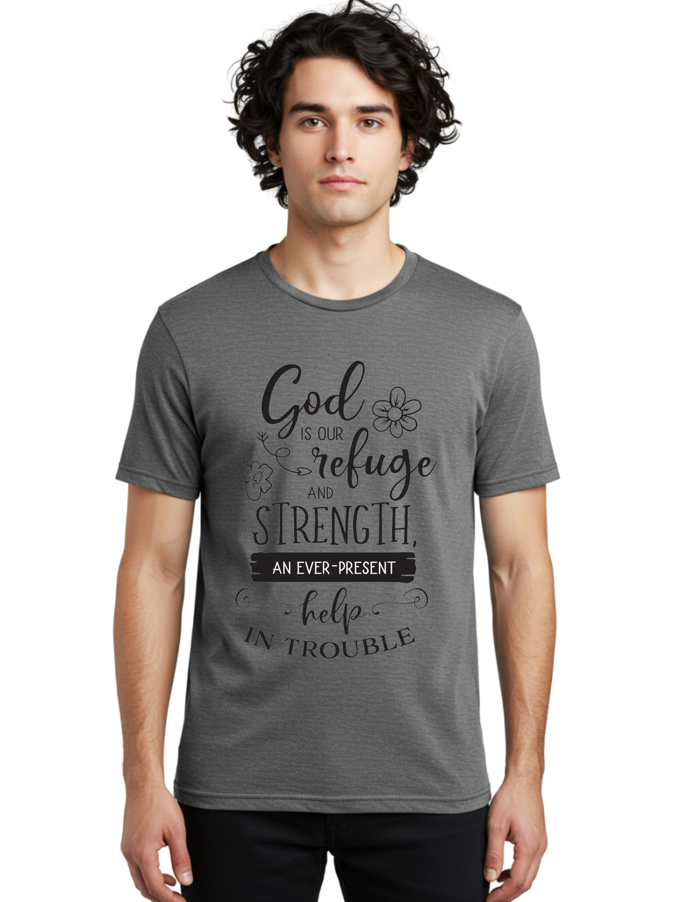 God-Is-Our-Refuge Men'S Graphic Tee, 100% Cotton, Comfortable Casual Summer Wear, Machine Washable, Inspirational Quote, Bible Verse, Motivational Words, Faith And Spirituality, Trust In God, Strength In Trouble, Refuge And Help, Aac765