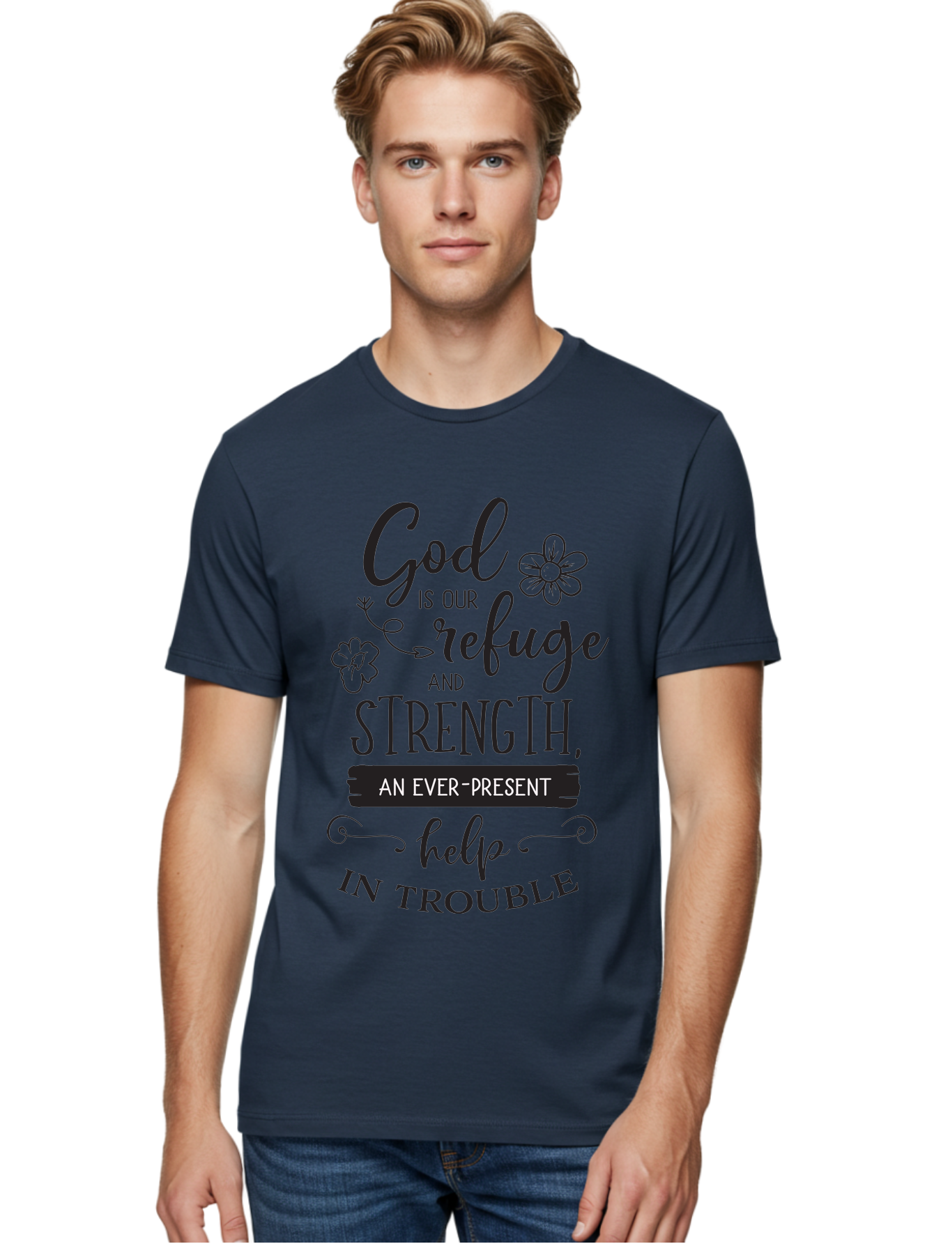 God-Is-Our-Refuge Men'S Graphic Tee, 100% Cotton, Comfortable Casual Summer Wear, Machine Washable, Inspirational Quote, Bible Verse, Motivational Words, Faith And Spirituality, Trust In God, Strength In Trouble, Refuge And Help, Aac765