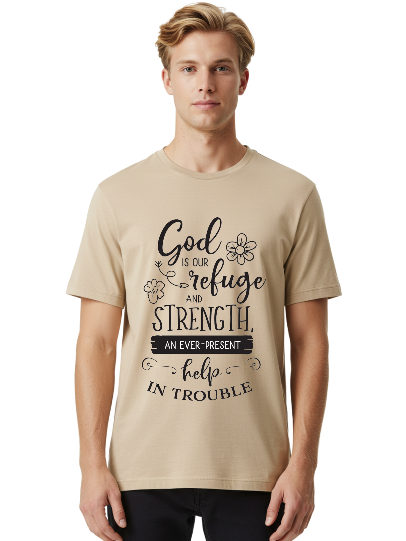 God-Is-Our-Refuge Men'S Graphic Tee, 100% Cotton, Comfortable Casual Summer Wear, Machine Washable, Inspirational Quote, Bible Verse, Motivational Words, Faith And Spirituality, Trust In God, Strength In Trouble, Refuge And Help, Aac765
