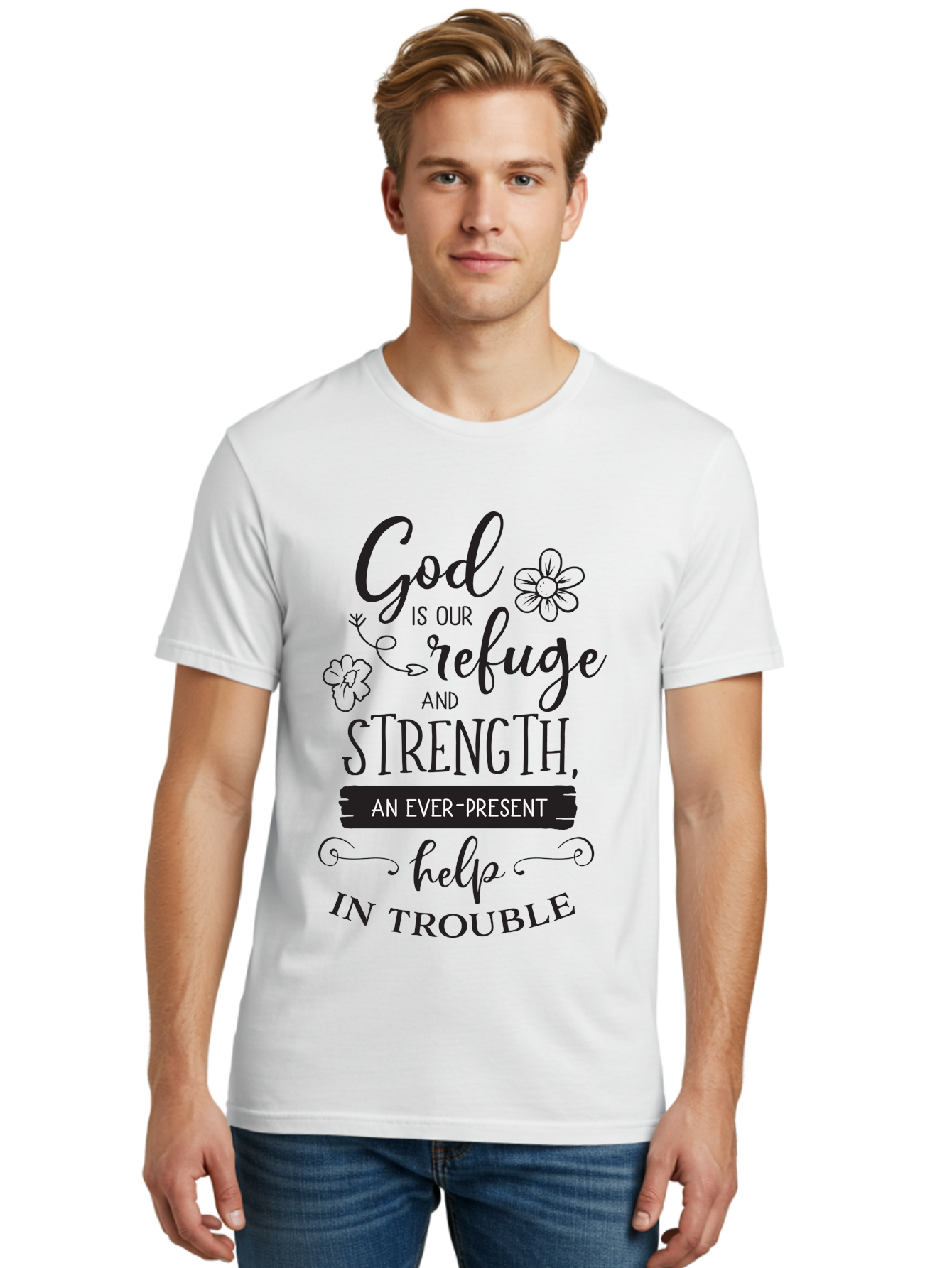 God-Is-Our-Refuge Men'S Graphic Tee, 100% Cotton, Comfortable Casual Summer Wear, Machine Washable, Inspirational Quote, Bible Verse, Motivational Words, Faith And Spirituality, Trust In God, Strength In Trouble, Refuge And Help, Aac765