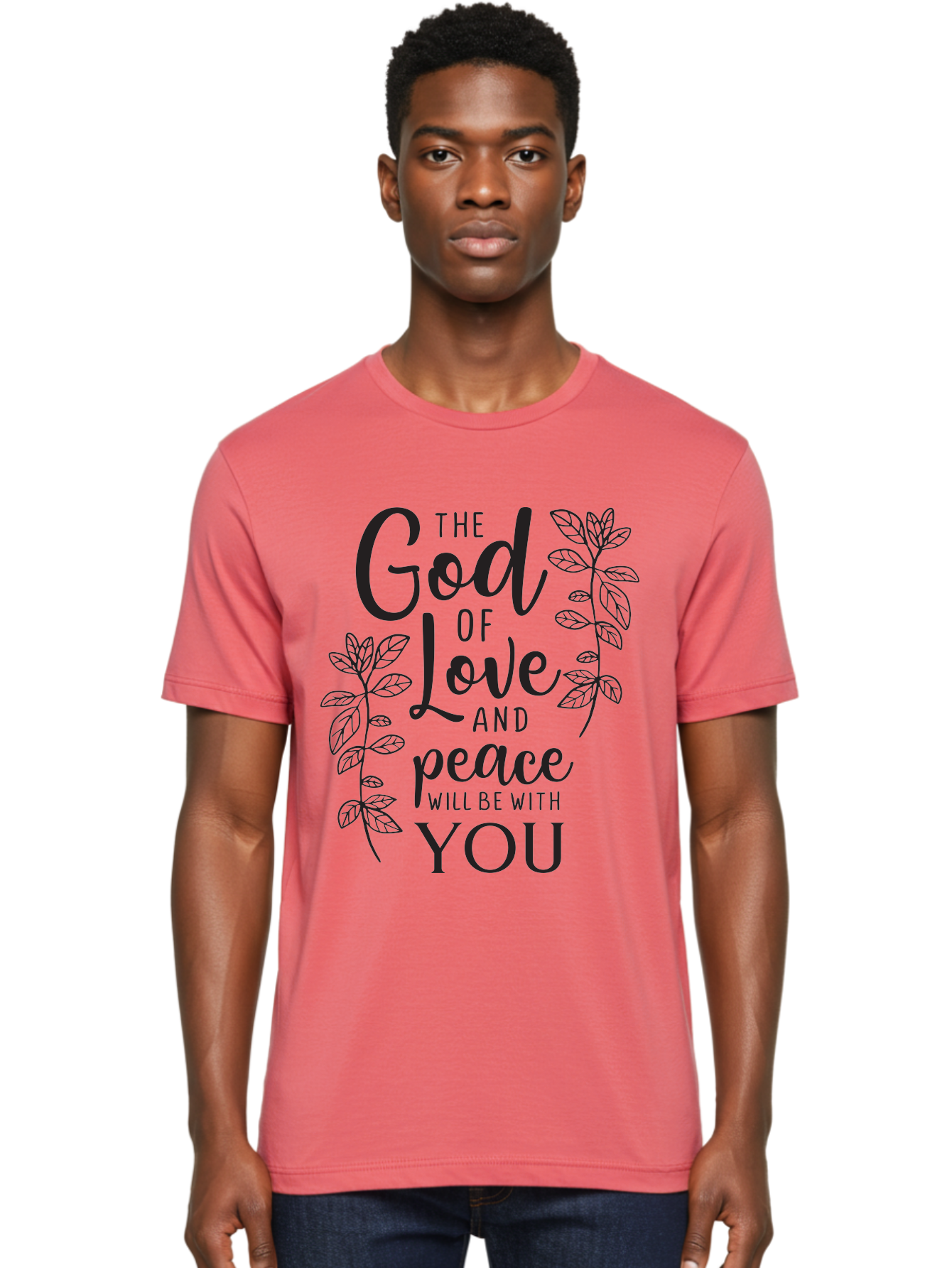 God-Of-Love-And-Peace Men'S Graphic Tee, 100% Cotton, Comfortable Casual Summer Wear, Machine Washable, Inspirational Quote, God Of Love And Peace, Uplifting Message, Positive Affirmation, Leafy Design, Black Typography, Spiritual Words, Aac766