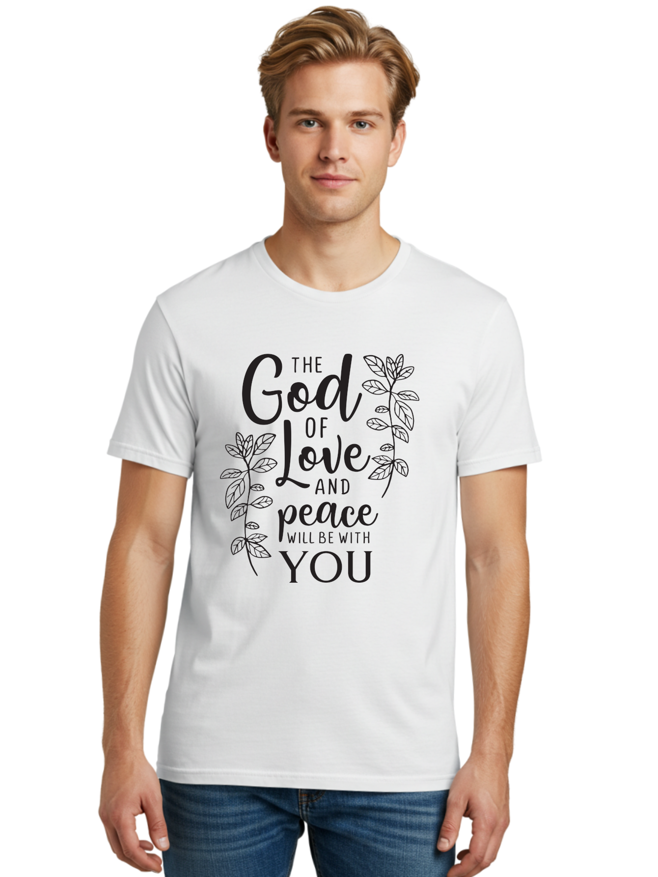 God-Of-Love-And-Peace Men'S Graphic Tee, 100% Cotton, Comfortable Casual Summer Wear, Machine Washable, Inspirational Quote, God Of Love And Peace, Uplifting Message, Positive Affirmation, Leafy Design, Black Typography, Spiritual Words, Aac766