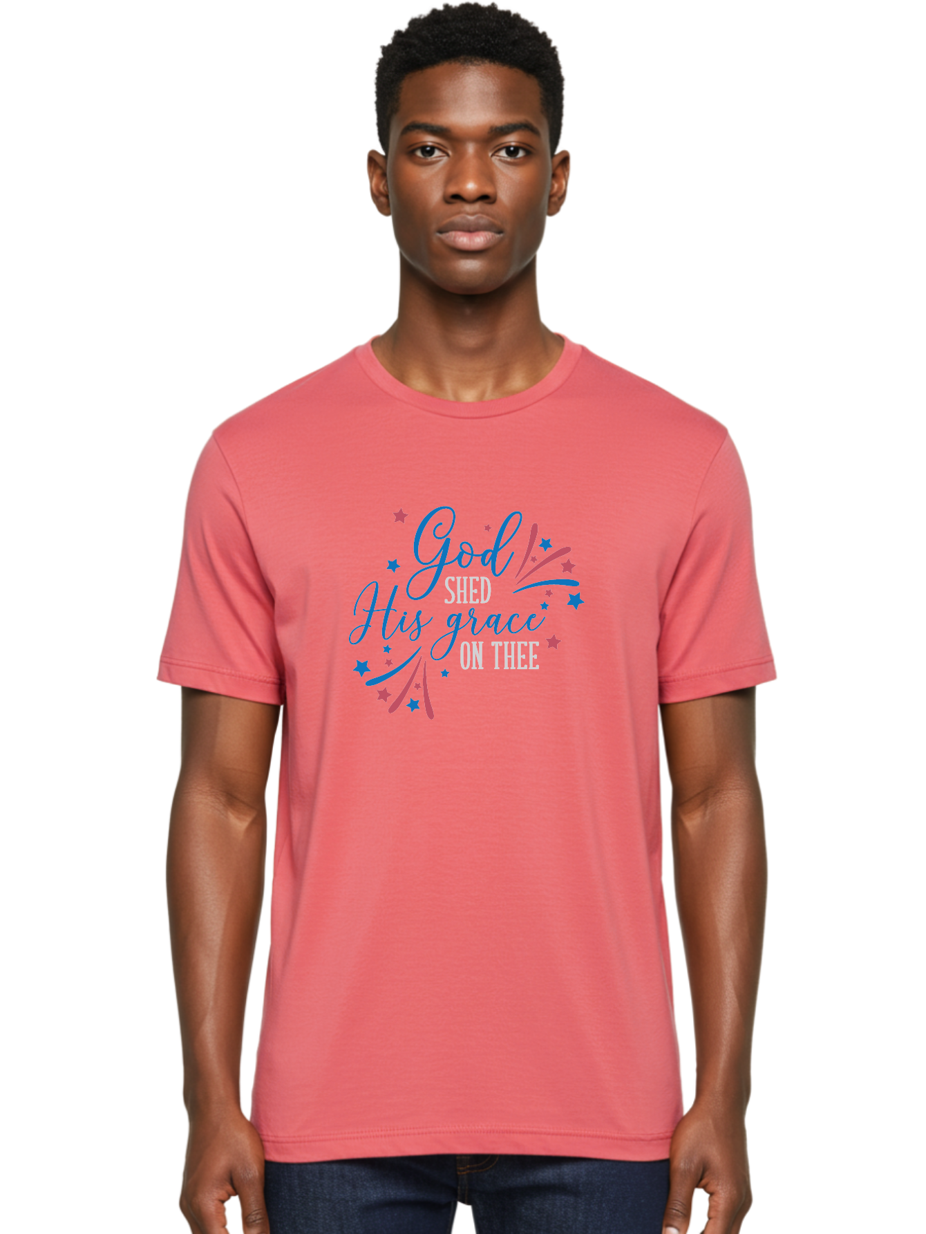 God-Shed-His-Grace-On-Thee Men'S Graphic Tee, 100% Cotton, Comfortable Casual Summer Wear, Machine Washable, Inspirational Quote, Faith-Based Design, Scripture Art, Devotional Graphics, Motivational Words, Christian Decor, Blue And Pink Stars, Aac768